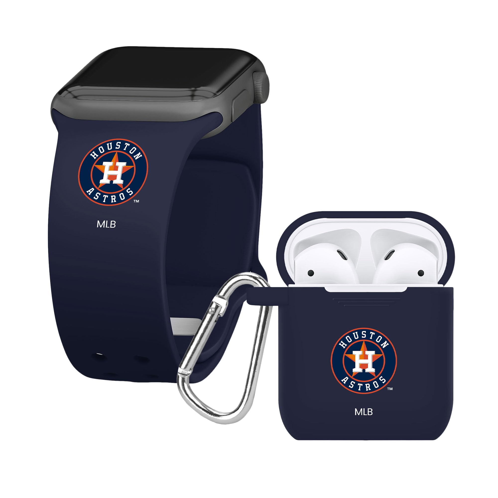 Houston Astros Silicone Sport Watch Band & AirPods Case Cover Combo for Apple Watch - Game Day Accessories for Baseball Fans & Sports Enthusiasts