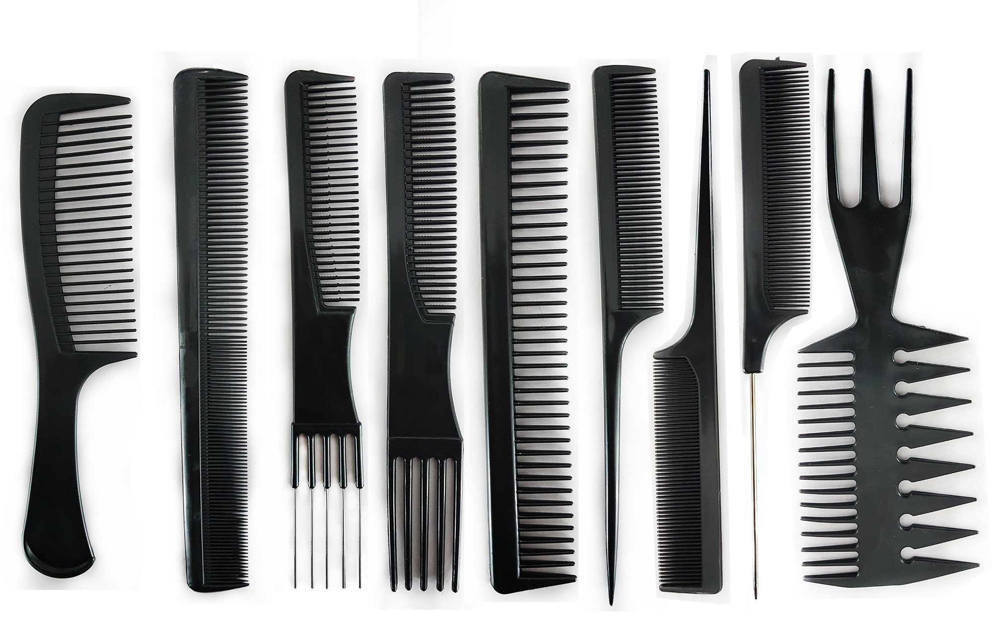 Kabello Professional Salon Hair Styling Comb Set - 9 Piece Black Detangling & Styling Combs with Free Hair Cutting Scissors | Perfect for Salon Professionals, Home Haircuts & DIY Styling