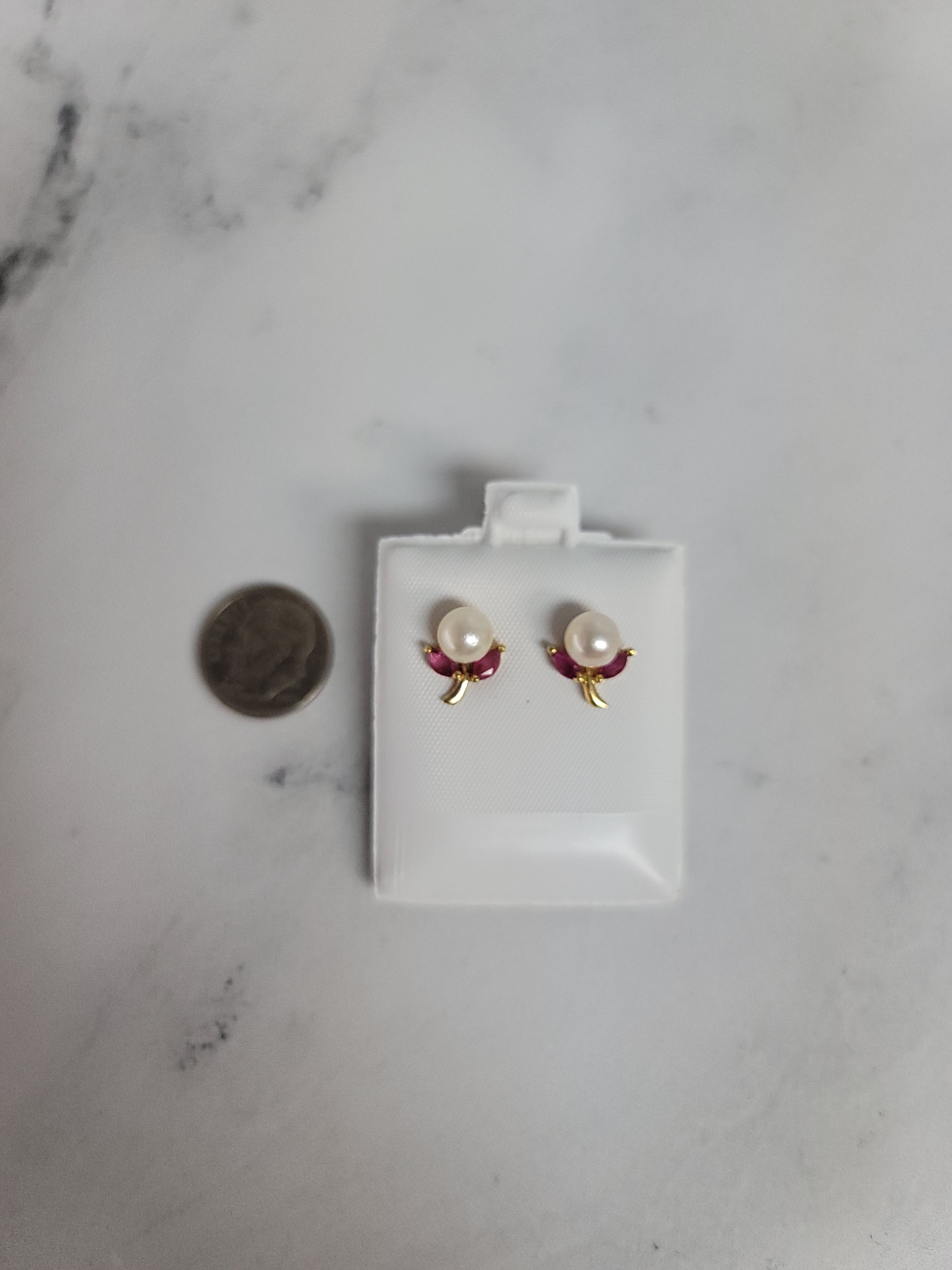 14k Yellow Gold Pearl & Ruby Floral Stud Earrings for Women - Elegant Jewelry Gift for Wedding, Anniversary & Special Occasions