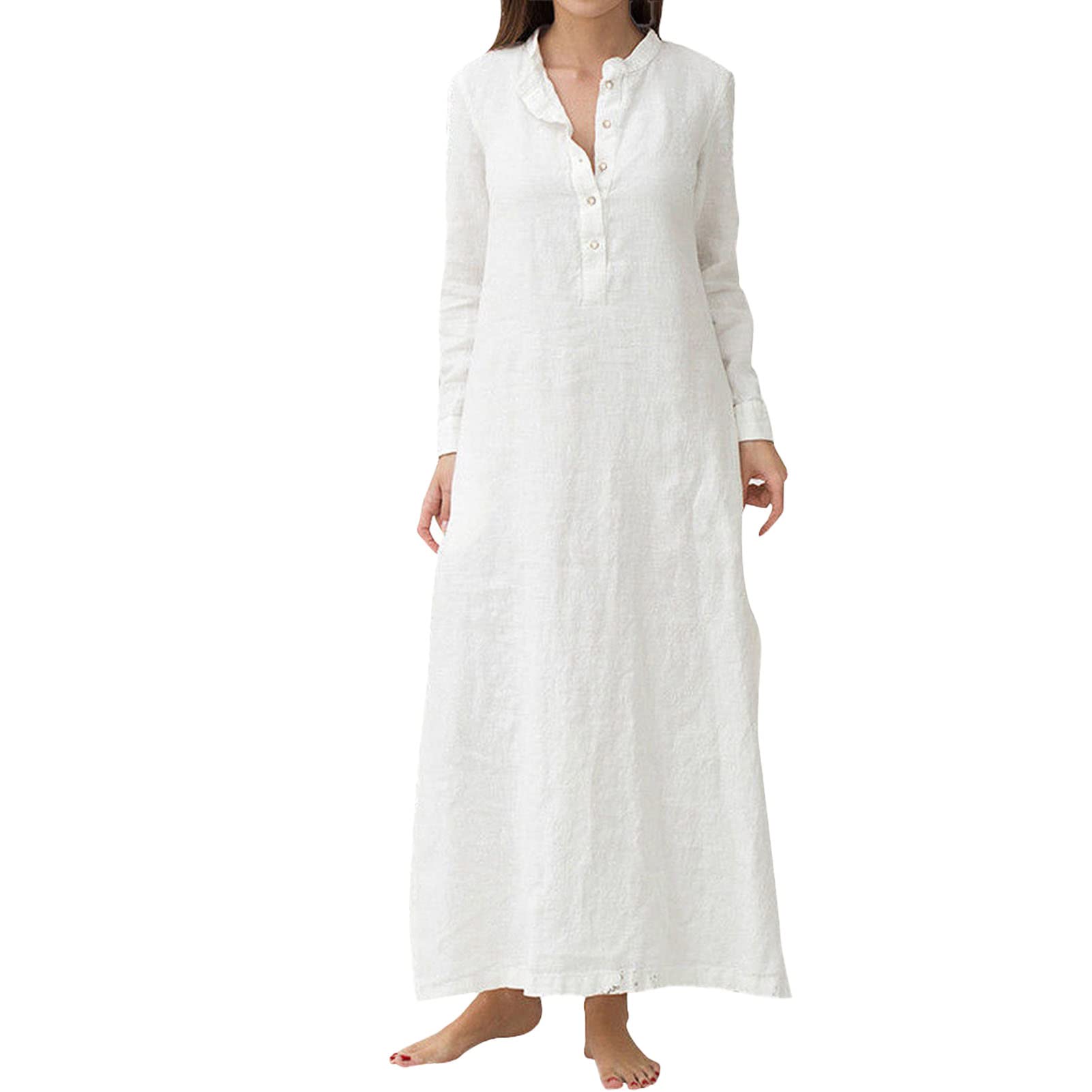Women's V-Neck Long Sleeve Button Up Shirt Dress - Casual Loose Maxi Dress with Side Slit | Perfect for Office, Date Night & Spring Outfits