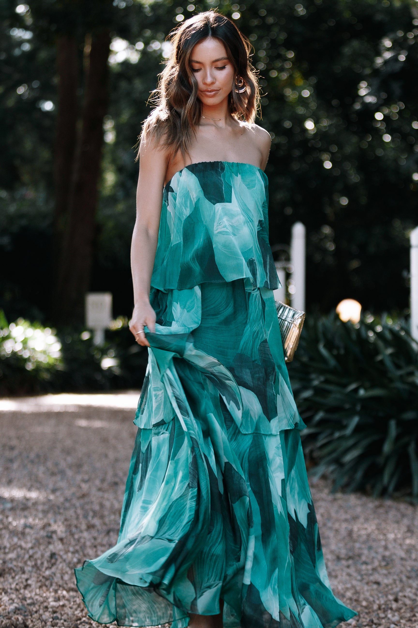 Strapless Maxi Dress for Women - Green Floral Print Summer Beach Dress, Elegant Party Gown, Boho Wedding Guest Outfit