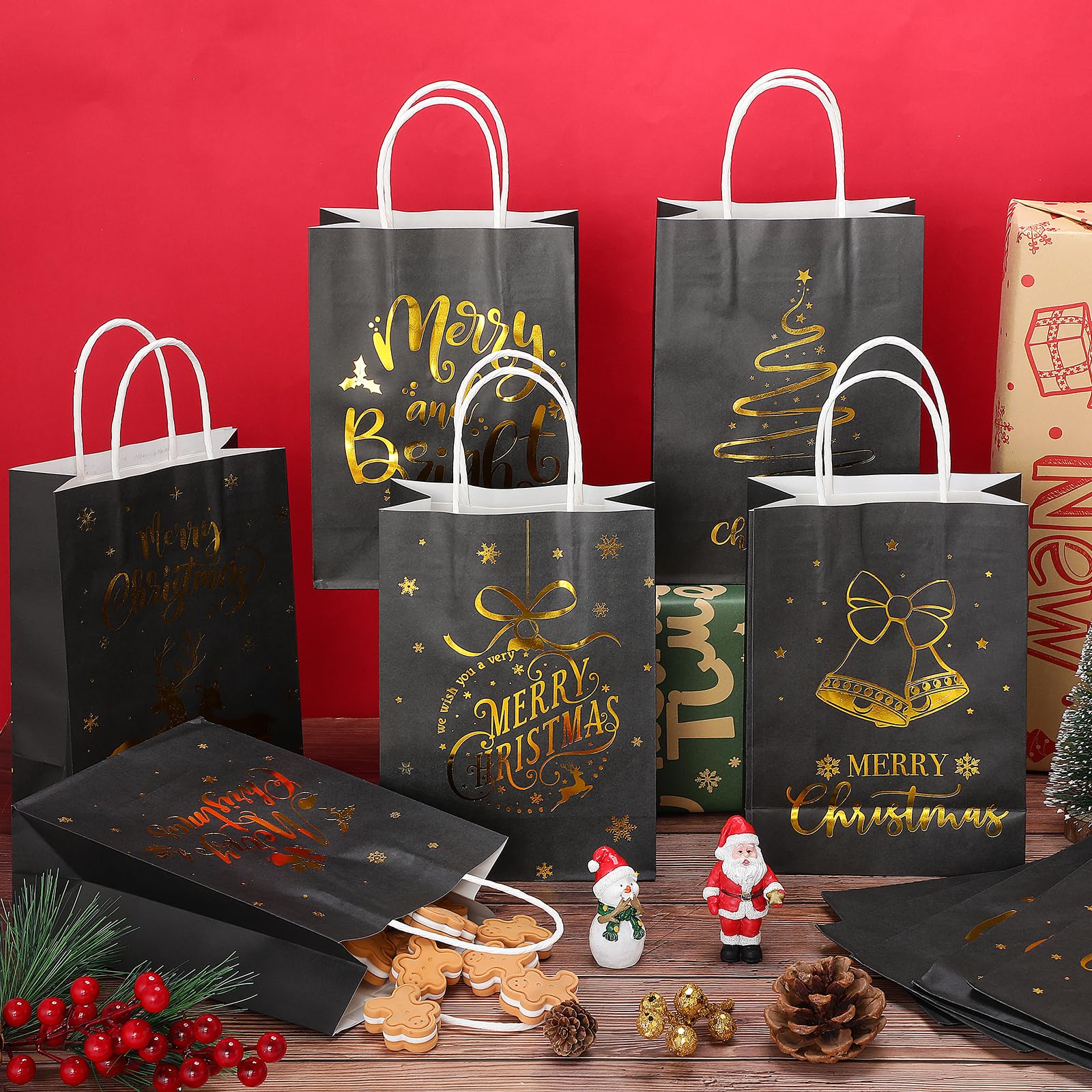 24-Piece Christmas Gift Bags Bulk Set with Snowflake Tissue Paper - 6 Elegant Black & Gold Foil Designs, Small Reusable Party Favor Bags with Handles - Perfect for Holiday Gifting, Xmas Treats, Office Exchanges & Festive Celebrations