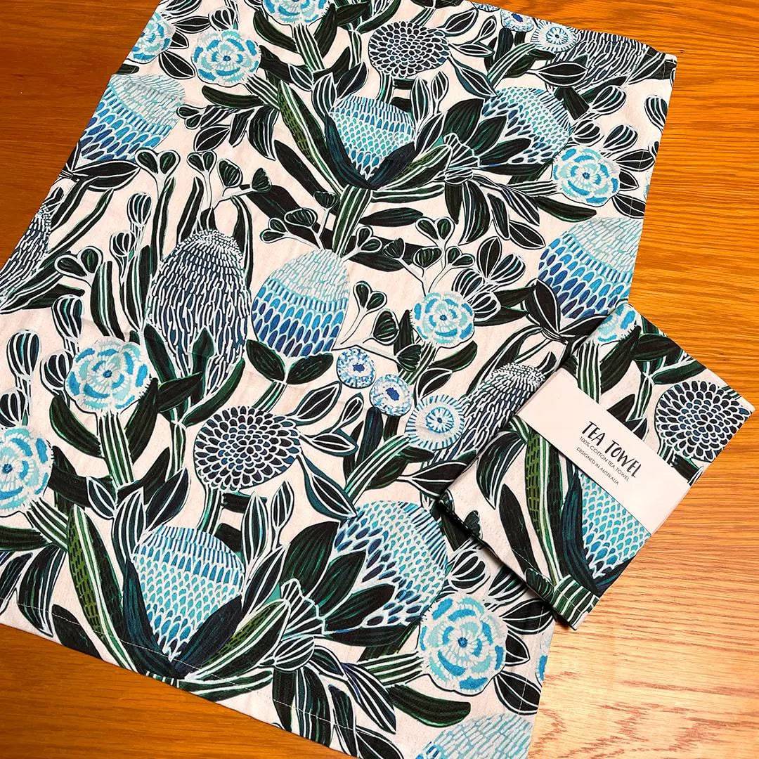 Premium Blue Banksia Tea Towel - Soft, Absorbent & Durable Kitchen Towel for Drying Dishes, Cleaning & Decor - Perfect for Home, Kitchen & Gifts