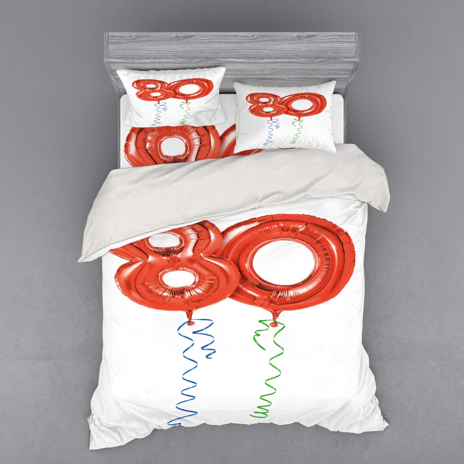 Ambesonne 80th Birthday Duvet Cover Set - Queen Size 4-Piece Bedding with Shams & Fitted Sheet - Colorful Balloon & Swirl Print for Grandparent Party Decor - Perfect for Birthday Celebrations & Guest Room Makeovers (Red, Green, Blue)