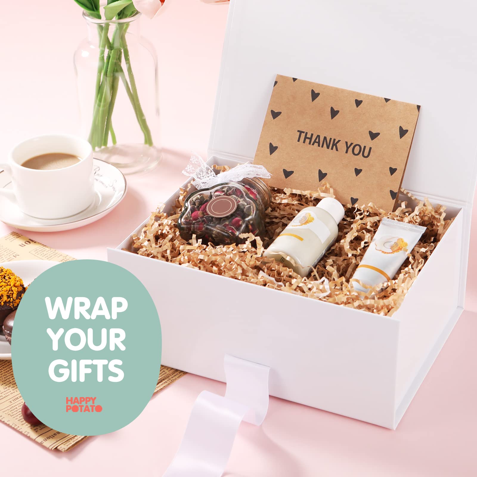 Happy Potato Gift Box with Ribbon - 9x6.5x3.8 Inches White Magnetic Bridesmaid Proposal Box with Lid - Perfect for Wedding Party Favors, Birthday Presents & Special Occasion Gift Packaging (Glossy White)