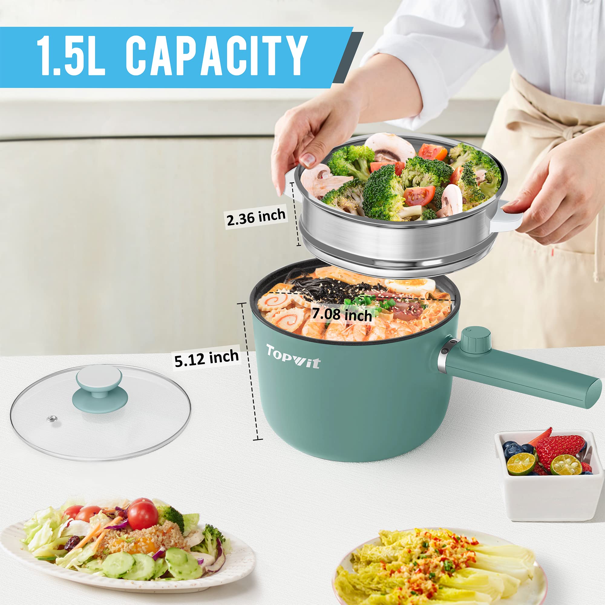 Topwit 1.5L Electric Hot Pot with Steamer - Multi-Functional Non-Stick Ramen Cooker & Pasta Pot, BPA Free, Dual Power Control with Overheating Protection - Perfect for Dorm, Office, Camping & Small Kitchen Cooking