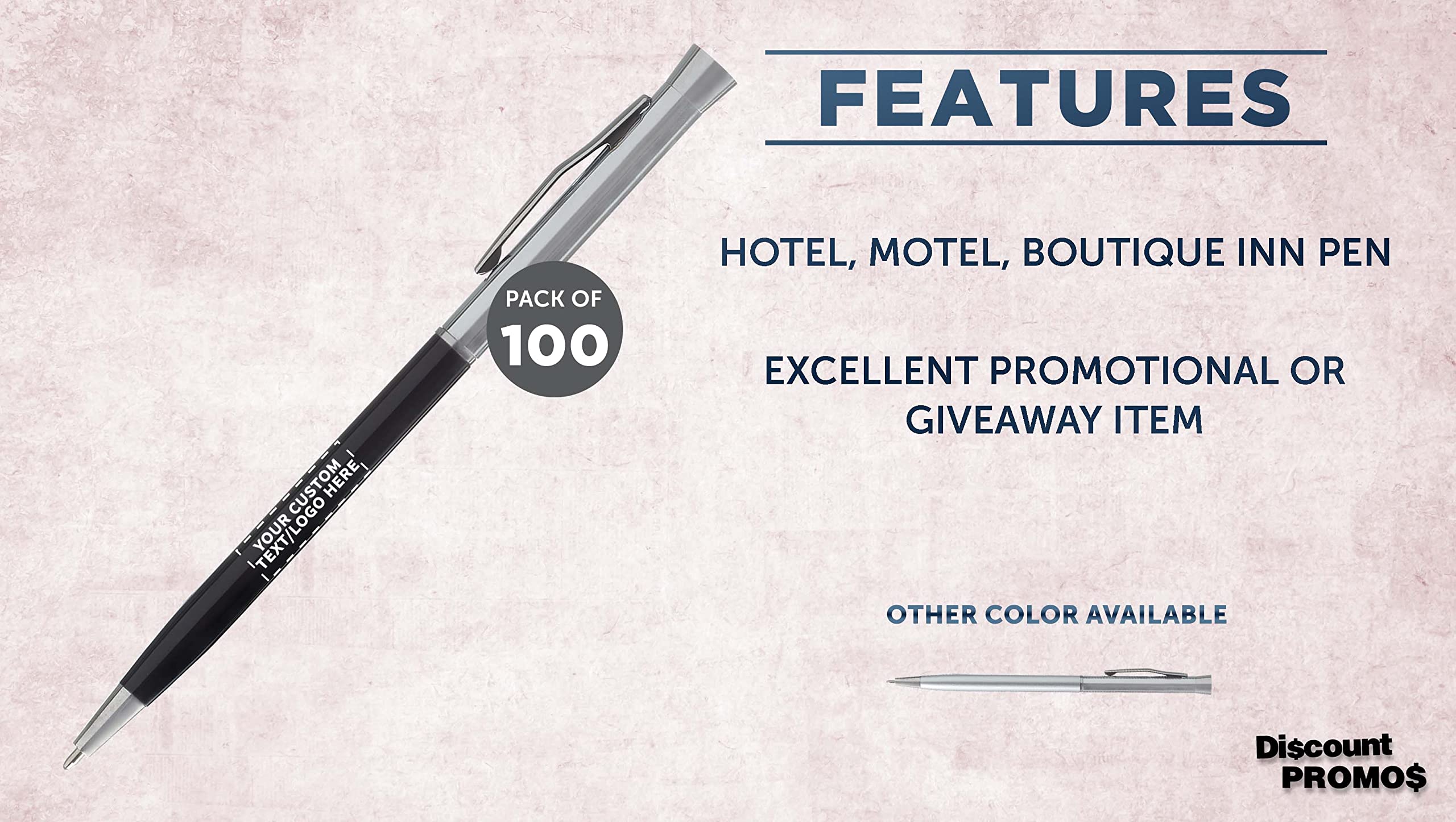 100 Pack Slim Metal Hotel Pens - Customizable with Text & Logo - Two-Tone Minimalist Design with Black Ink - Perfect for Corporate Gifts, Hotels, and Office Supplies