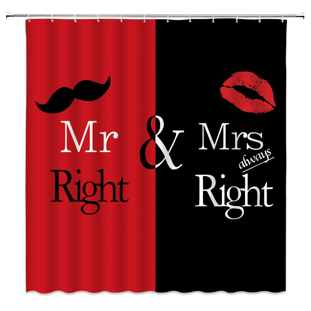 Mr & Mrs Shower Curtain - Black & Red Romantic Couples Bathroom Decor with Mustache & Lip Design, Funny Valentine's Gift for Lovers - Waterproof Fabric Shower Curtain with Hooks | Perfect for Anniversary, Wedding, or Romantic Bathroom Theme