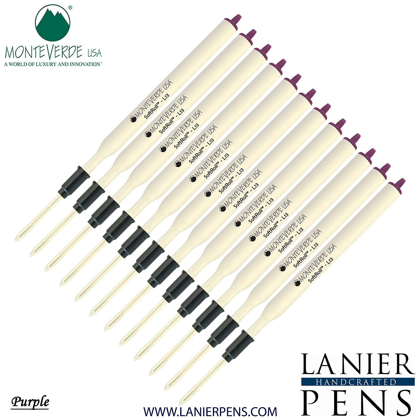 Monteverde Soft Roll Ballpoint Ink Refills 12-Pack - L13 Paste Ink Refills Compatible with Lamy Style Pens - Purple Medium Tip 0.7mm - Perfect for Office, School & Everyday Writing