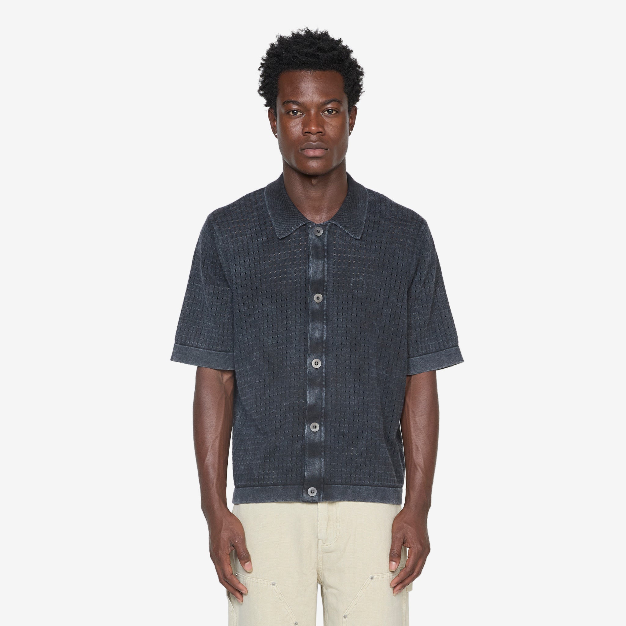 Washed Pointelle Button Down Shirt for Women - Soft Black Knit Top for Casual & Office Wear | Perfect for Layering & Everyday Outfits
