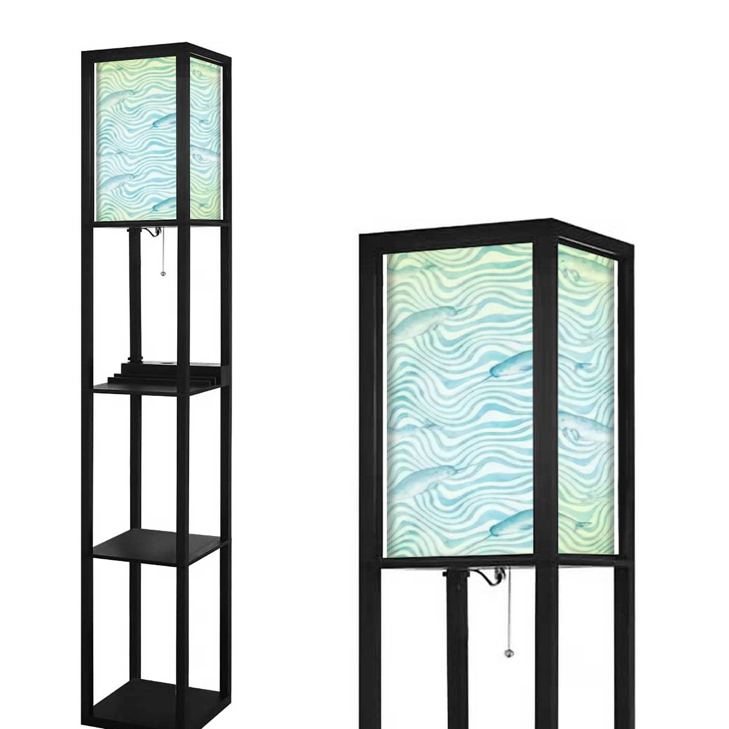 Modern Blue Teal Narwhal Wavy Stripes Floor Lamp with Shelves, USB Ports & Power Outlet - Linen Fabric Shade Tall Standing Lamp for Living Room & Bedroom - Perfect for Reading Nooks, Home Office Lighting, and Cozy Corner Decor