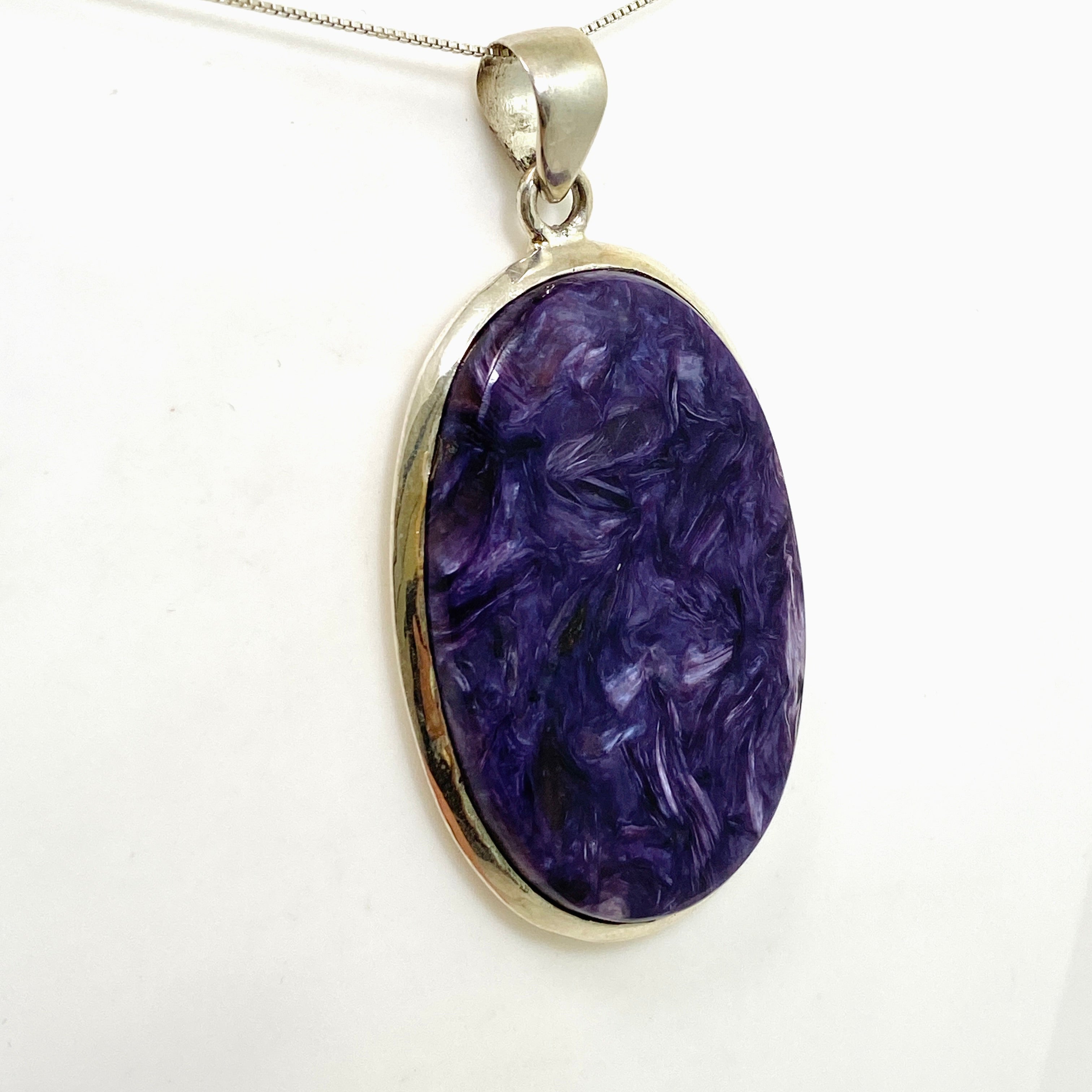 Natural Charoite Oval Cabochon Pendant - Handcrafted Silver Jewelry for Women | Perfect for Meditation, Energy Healing & Spiritual Gifts