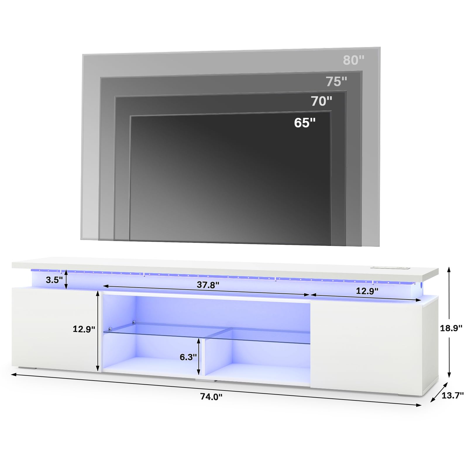 Modern White TV Stand with Light for 75-85 Inch TVs - Entertainment Center with Storage Cabinet & Open Glass Shelves - 2 AC Outlets - Perfect for Living Room & Bedroom - Stylish Media Console for Home Theater Setup & Family Entertainment