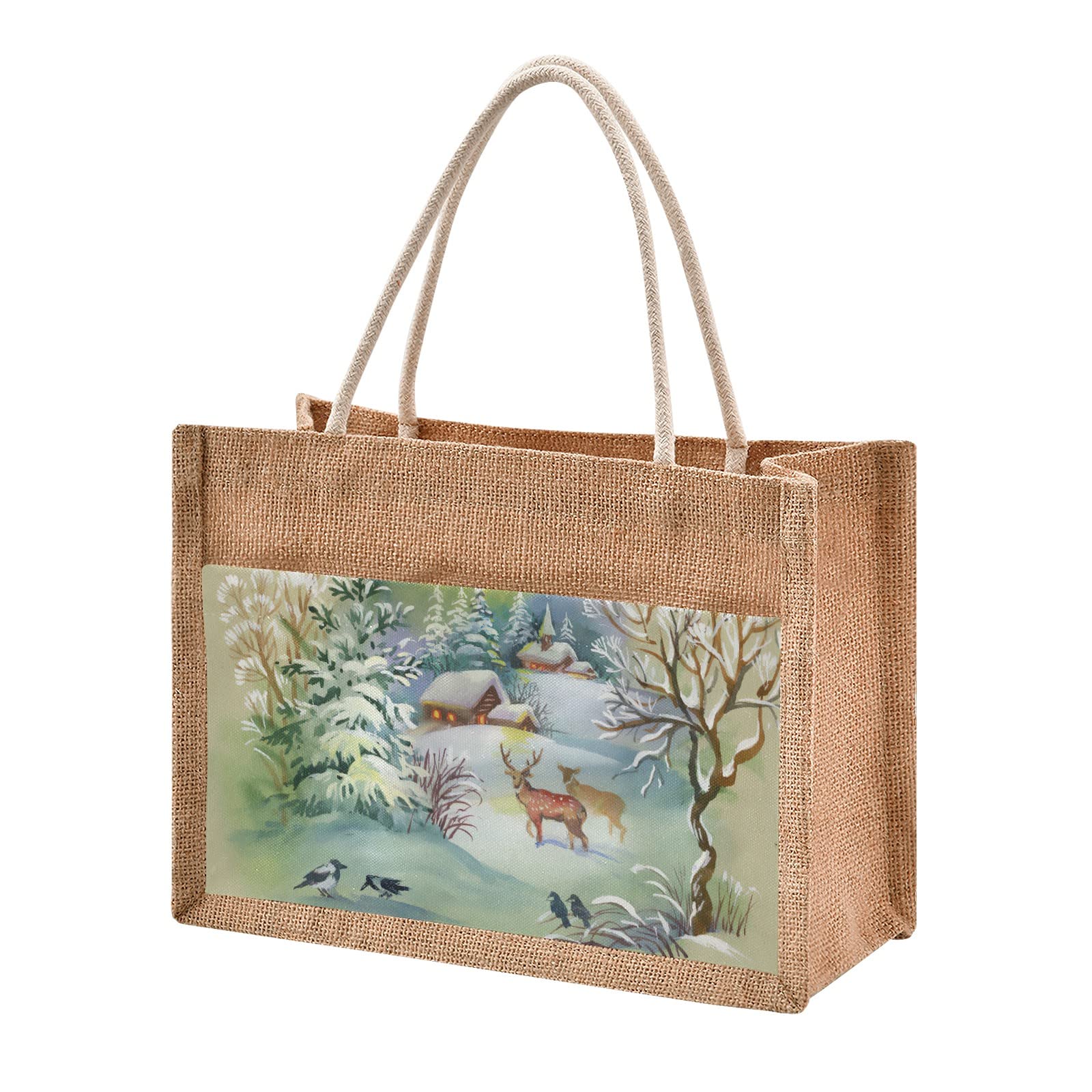 Linqin Deer Jute Tote Bag - Waterproof Burlap Straw Grocery Shopping Bag for Women - Eco-Friendly Reusable Beach Tote for Travel, Market & Daily Use