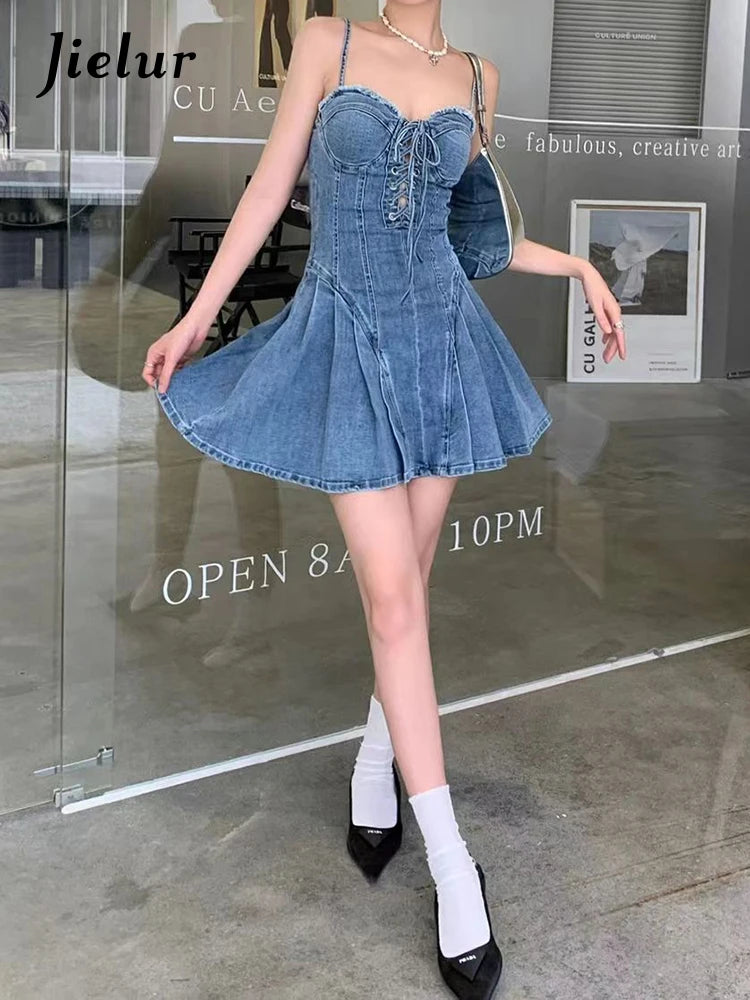 Vintage Blue Sexy Strapless Denim Dress for Women - Slim Waist Lace Up Zipper Summer Dress, High Street Fashion for Date Night & Beach Parties