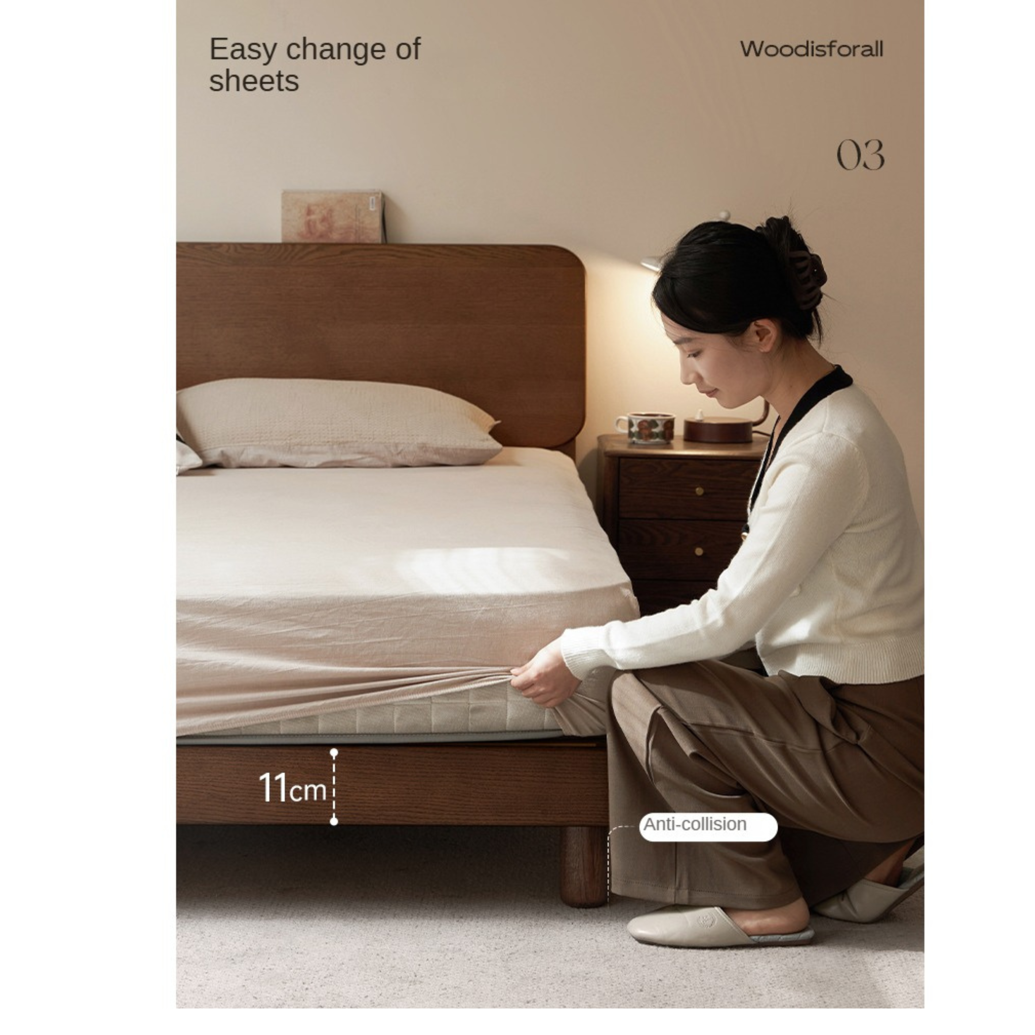 Solid Oak Wood Nordic Modern Bed - Minimalist Scandinavian Style Bedroom Furniture for Home Decor & Cozy Sleeping