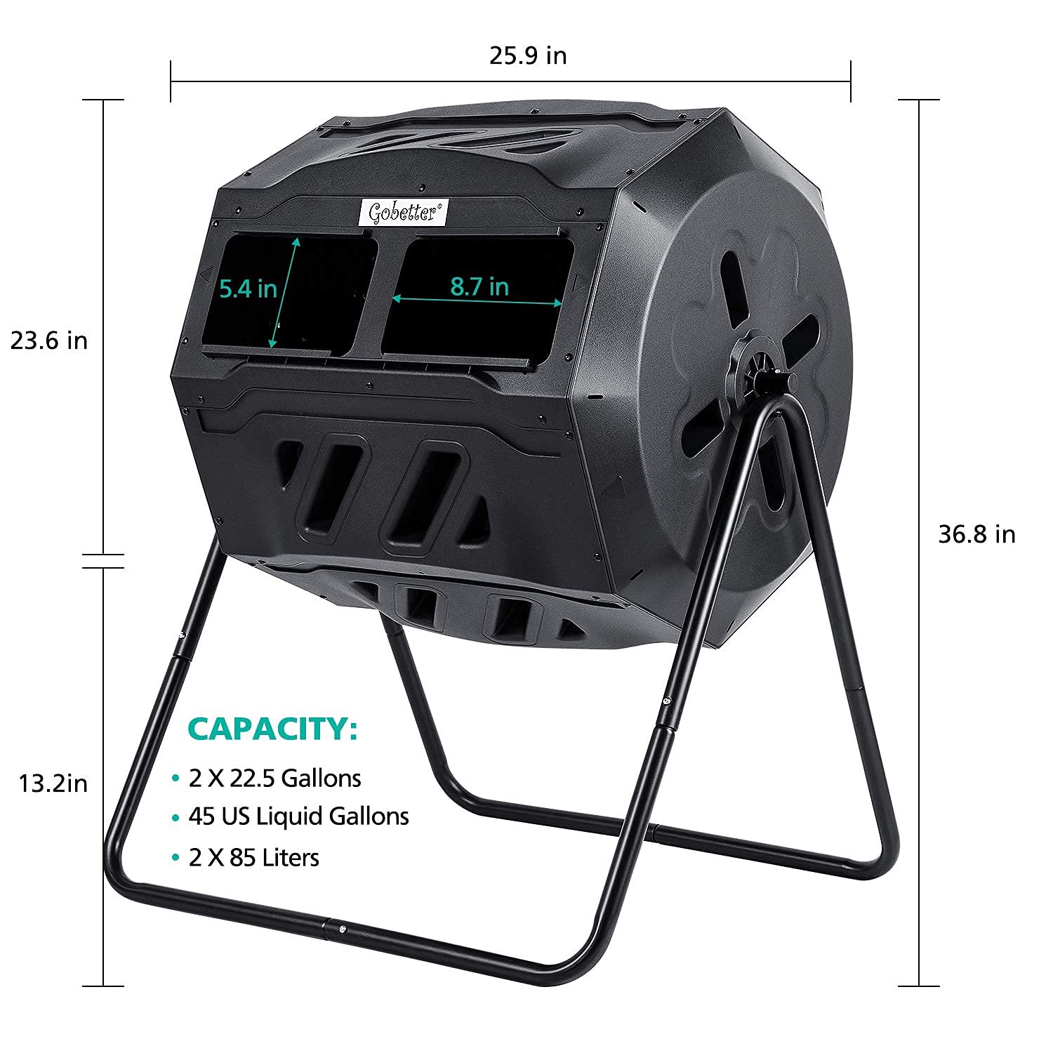 Gobetter 45 Gallon Composting Tumbler - BPA Free & UV Resistant Rotating Outdoor Composter Bin | Fast, Efficient & Eco-Friendly Composting Solution for Backyard, Garden & Organic Waste Recycling