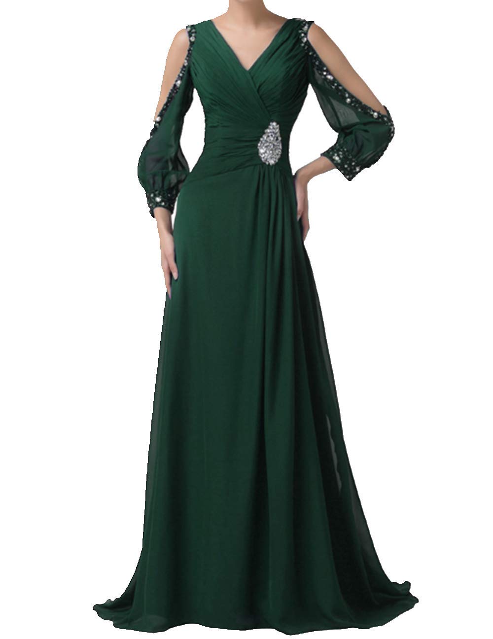 Elegant ANGELA Women's Beaded V-Neck Chiffon Evening Gown with Sheer Long Sleeves for Formal Occasions - Perfect for Weddings, Galas, Proms and Special Events