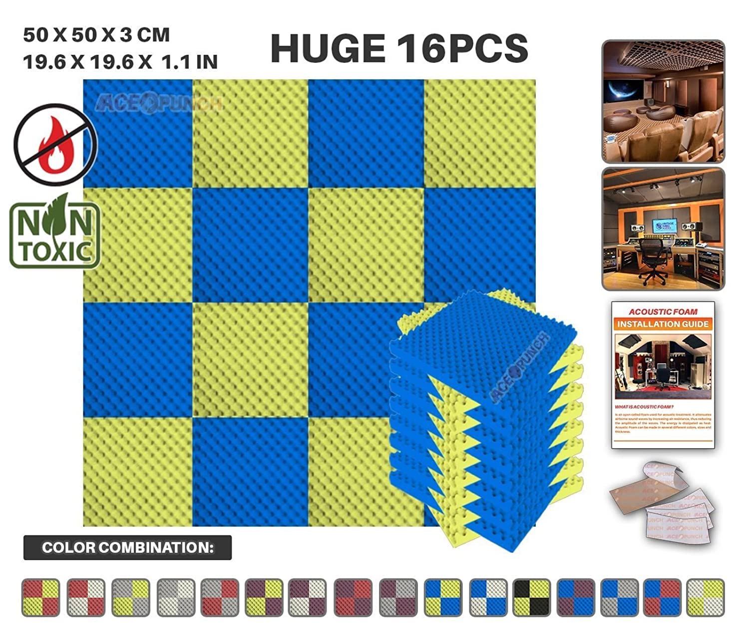16 Pack Blue & Yellow Acoustic Foam Panels - 19.6