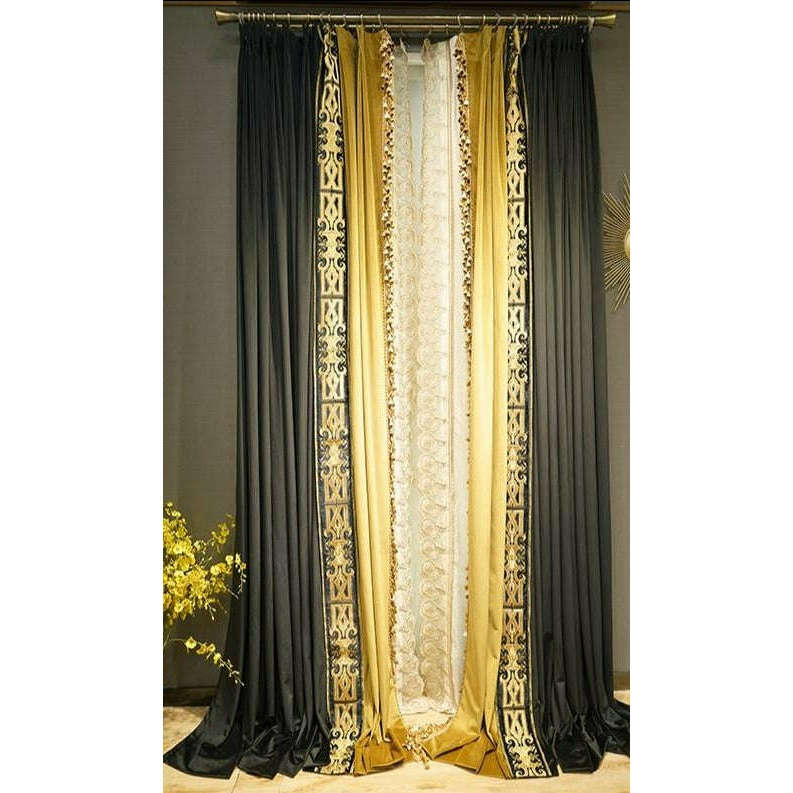 Luxury Retro Velvet Designer Curtains - Black & Yellow Drapes for Living Room, Bedroom & Home Theater - Premium Soundproof Window Treatments for Elegant Home Decor