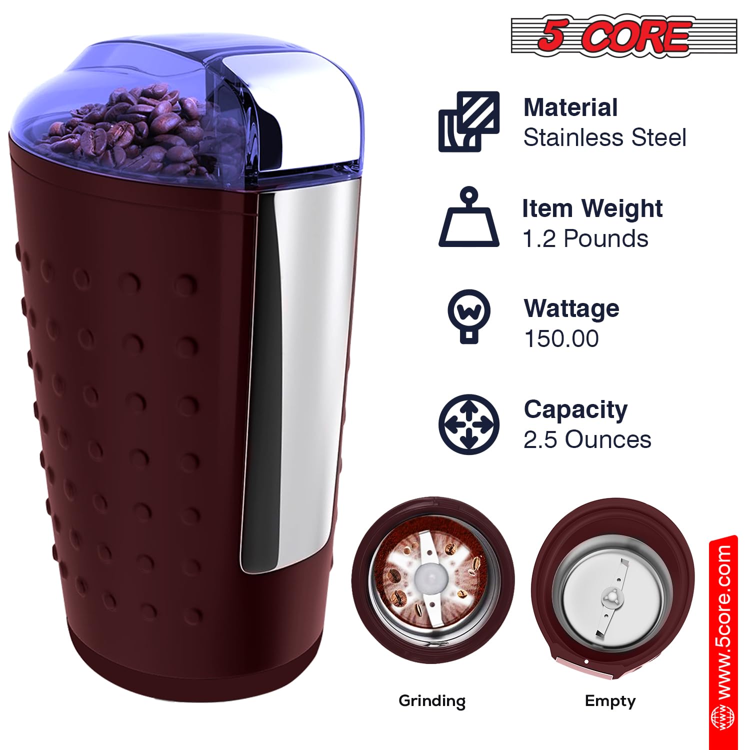 Premium 5-Core Electric Coffee Grinder - 150W, 85g/3oz Capacity, One-Touch Operation - Stainless Steel Blades for Beans & Spices - Black & Brown (Perfect for Home Kitchens, Coffee Shops & Office Break Rooms)