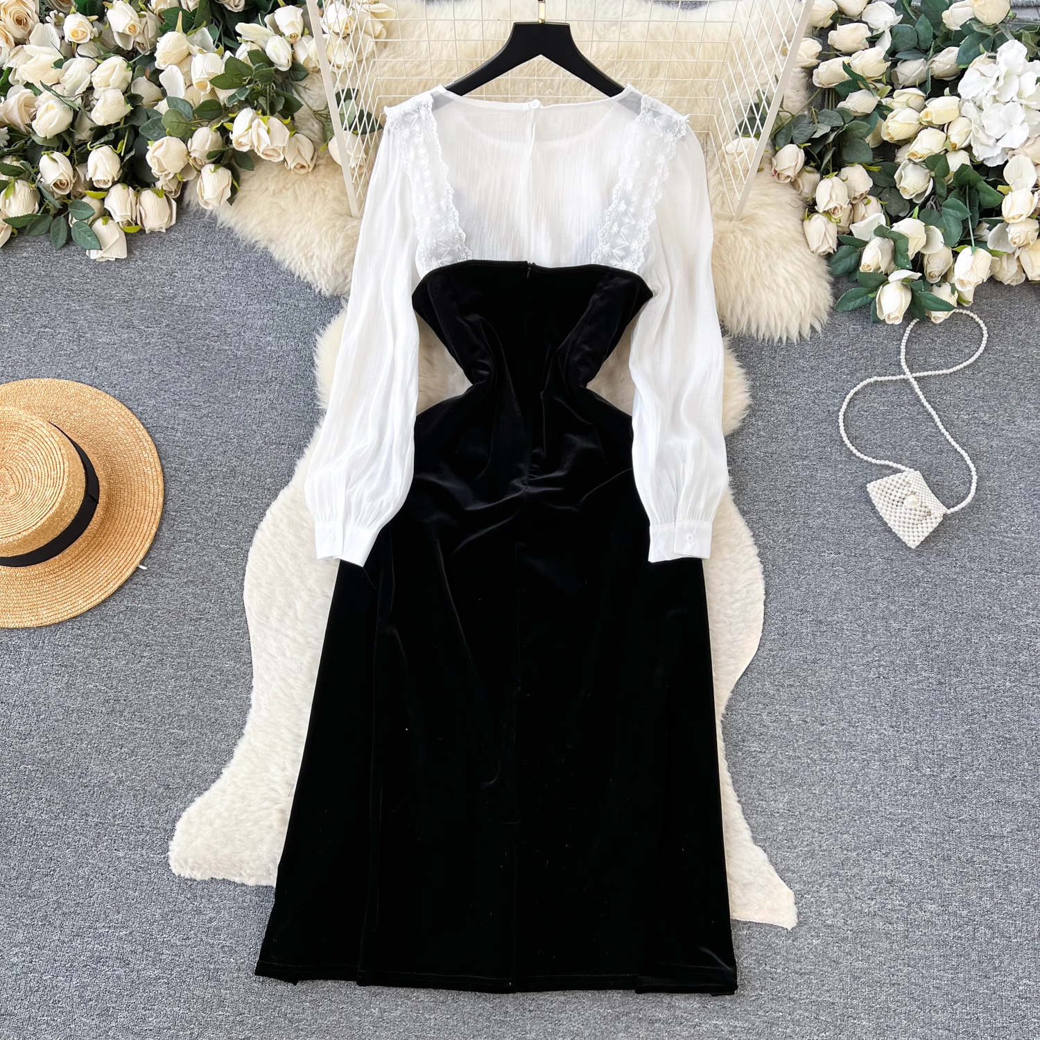 Elegant French Lace Velvet Dress for Women - Winter & Autumn Formal Evening Gowns - Perfect for Holiday Parties, Weddings, and Special Occasions