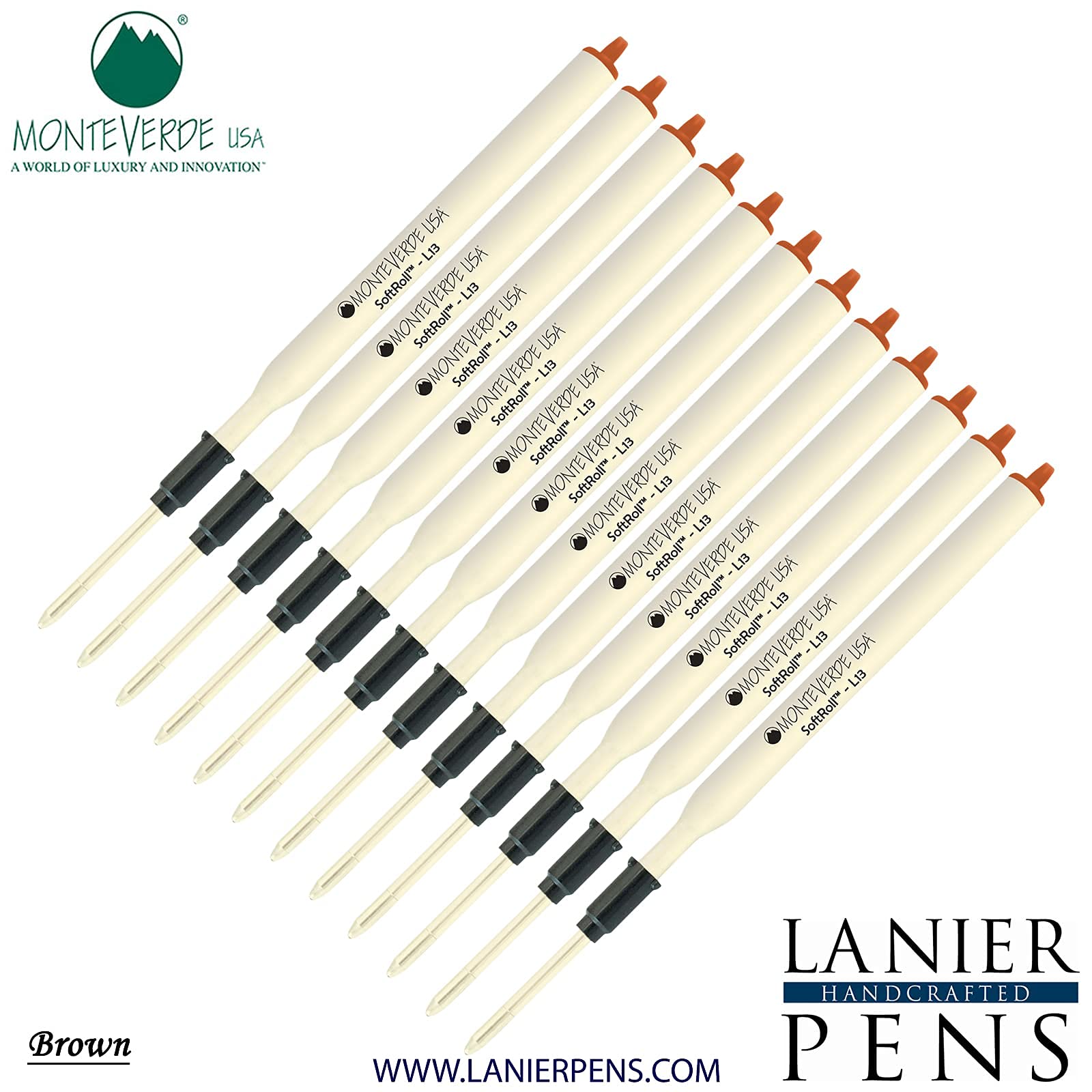 Monteverde Soft Roll Ballpoint Ink Refill 12-Pack - L13 Paste Refill Compatible with Lamy Style Pens - Medium Tip 0.7mm Brown Ink - Perfect for Office, School & Everyday Writing