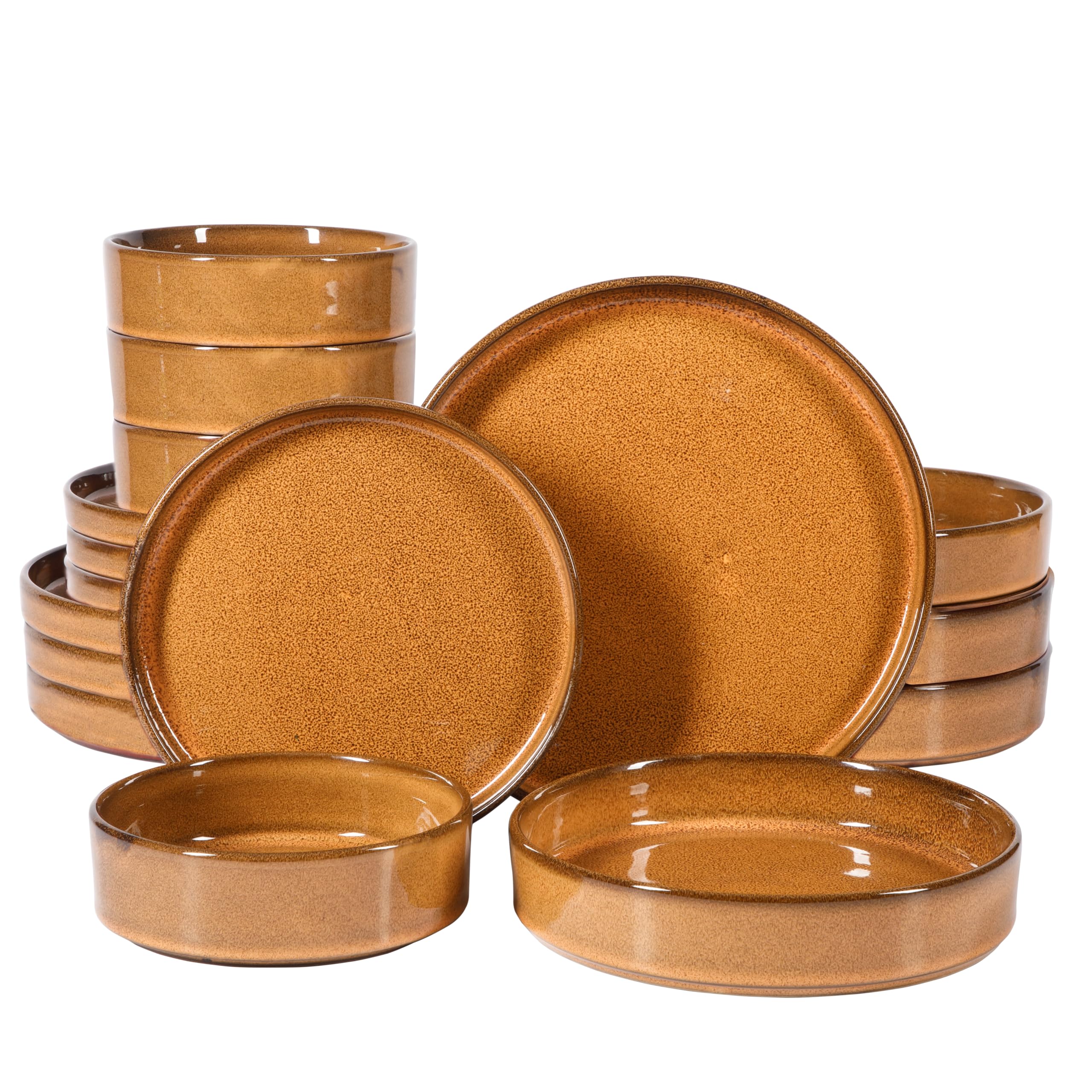 Oprah's Favorite Santorini Mist Terracotta Reactive Glaze Dinnerware Set - 16-Piece Double Bowl Plates & Bowls in Amber (Service for 4) | Elegant Table Setting for Mediterranean Dining & Entertaining