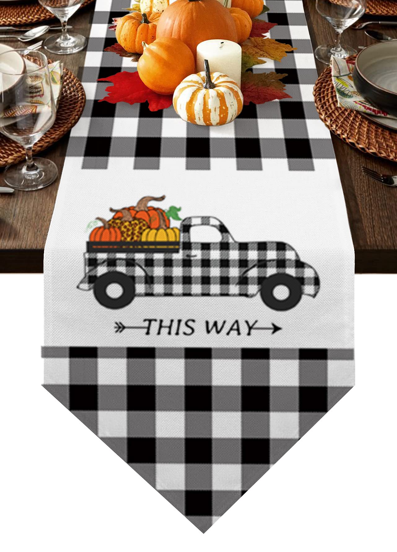 Falaniique 36 Inch Cotton Linen Table Runner - Black Plaid Pumpkin Farmhouse Decor for Kitchen, Dining Table, Dinner Party | Rustic Burlap Table Setting & Dresser Scarf