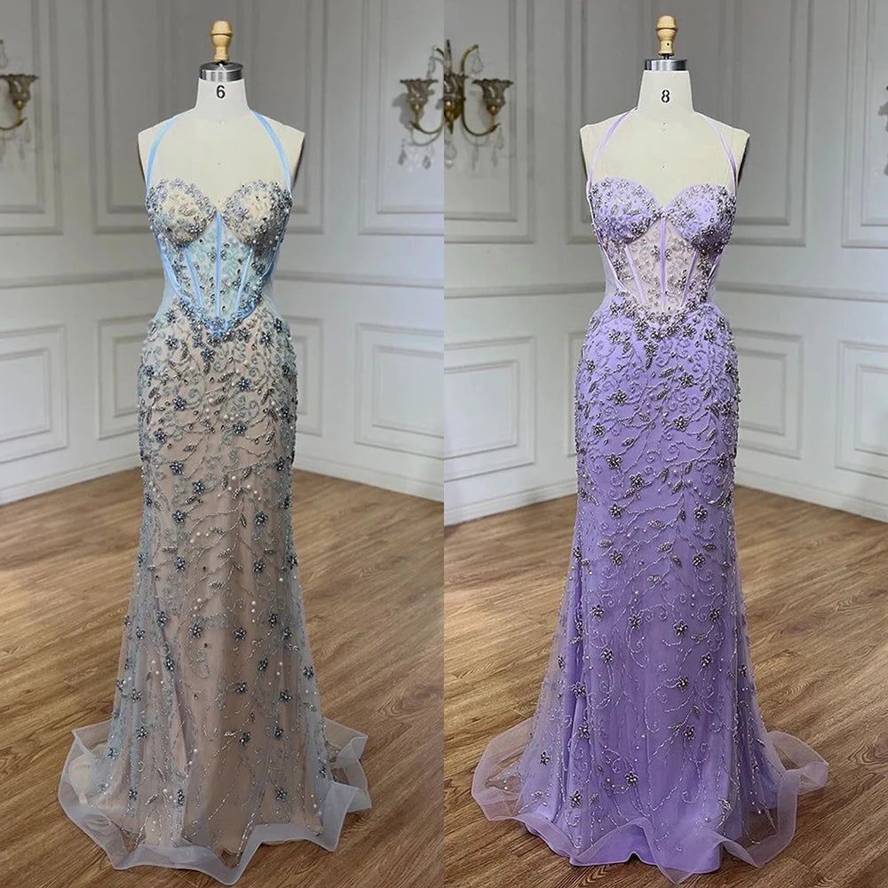 Luxury Dubai Blue Mermaid Evening Gown with Beaded Spaghetti Straps - Arabic Style Wedding Party Dress for Women 2025 | Perfect for Formal Events, Galas & Special Occasions