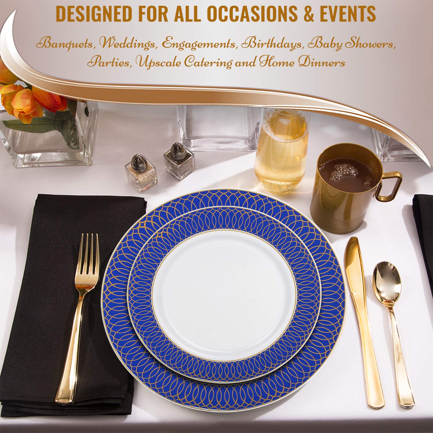 Premium 240-Count Disposable Plastic Plates Set - 120 Heavy Duty Blue & Gold Rimmed Dinner Plates + 120 Elegant Dessert Plates - Perfect for Weddings, Birthdays, Parties & Special Occasions - Ideal for Catering, BBQs, Picnics & Formal Events