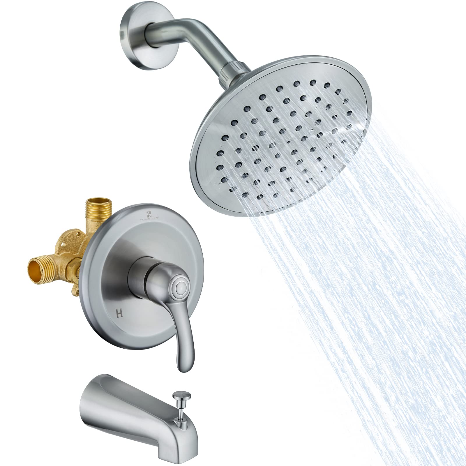 HOMELODY 6-Inch Brushed Nickel Shower System with Diverter - Complete Shower Faucet Set Including Valve for Bathtub & Shower Combo | Perfect for Modern Bathroom Renovations & Spa-Like Shower Experience