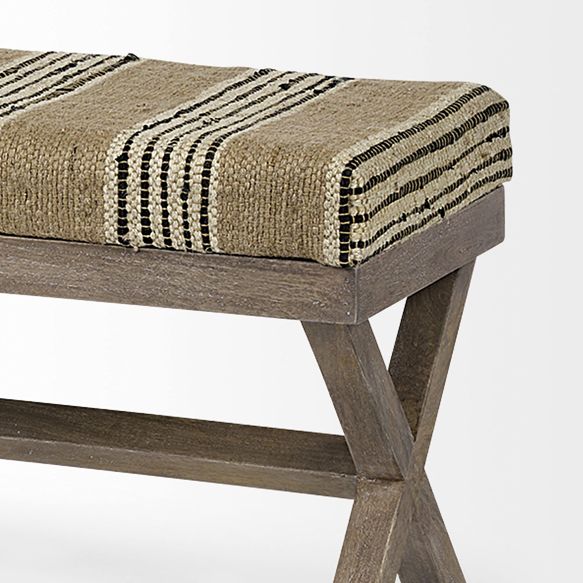 HomeRoots Rectangular Mango Wood Accent Bench with Medium Brown Base & Upholstered Beige/Black Stripe Seat - Perfect for Entryway, Bedroom or Living Room Decor