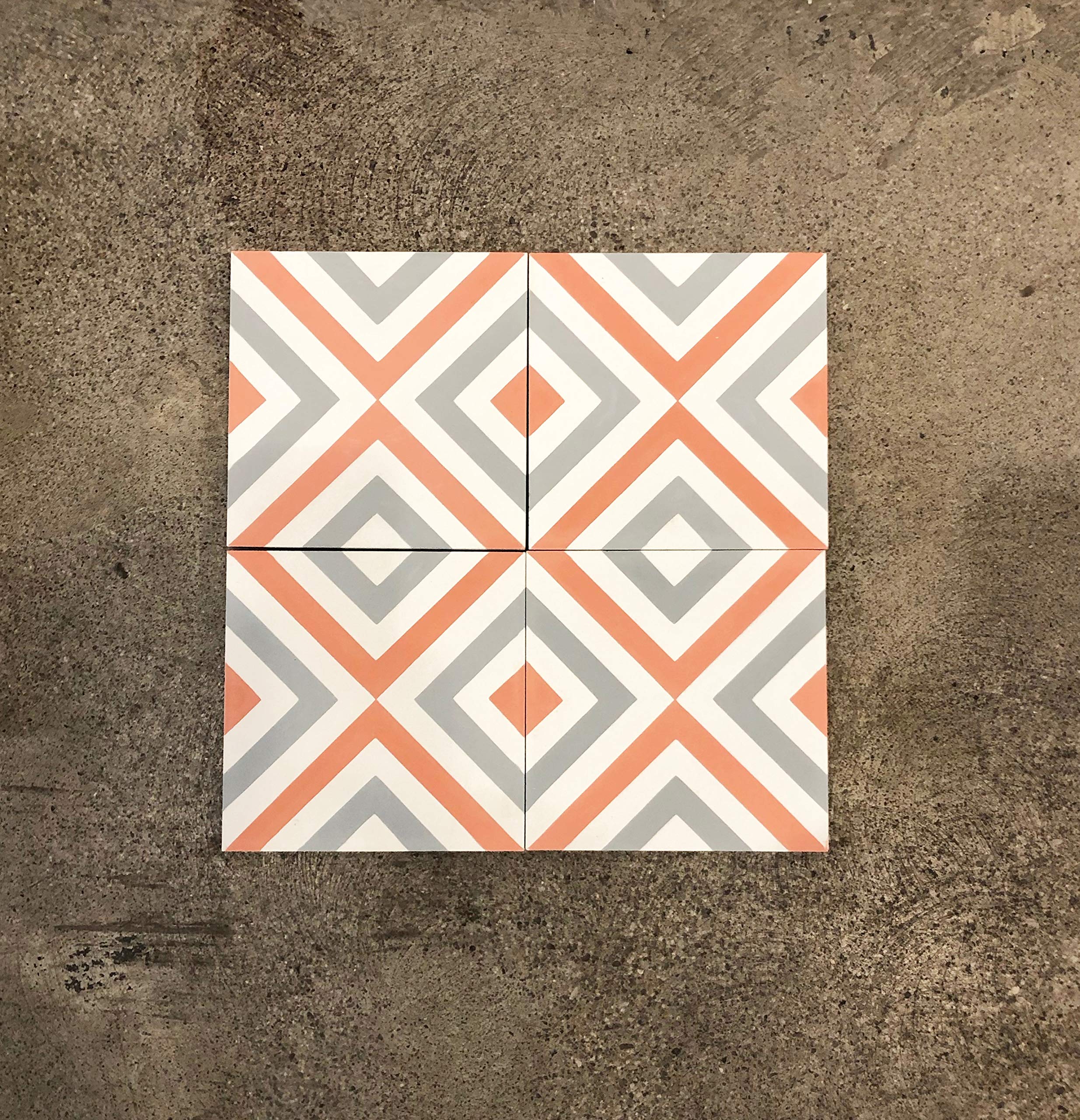 Handmade 8x8 Inch Moroccan Tile - Grey Orange White Geometric Pattern - Mazagan CTP79-03 - Perfect for Kitchen Backsplash, Bathroom Wall & Floor Decor
