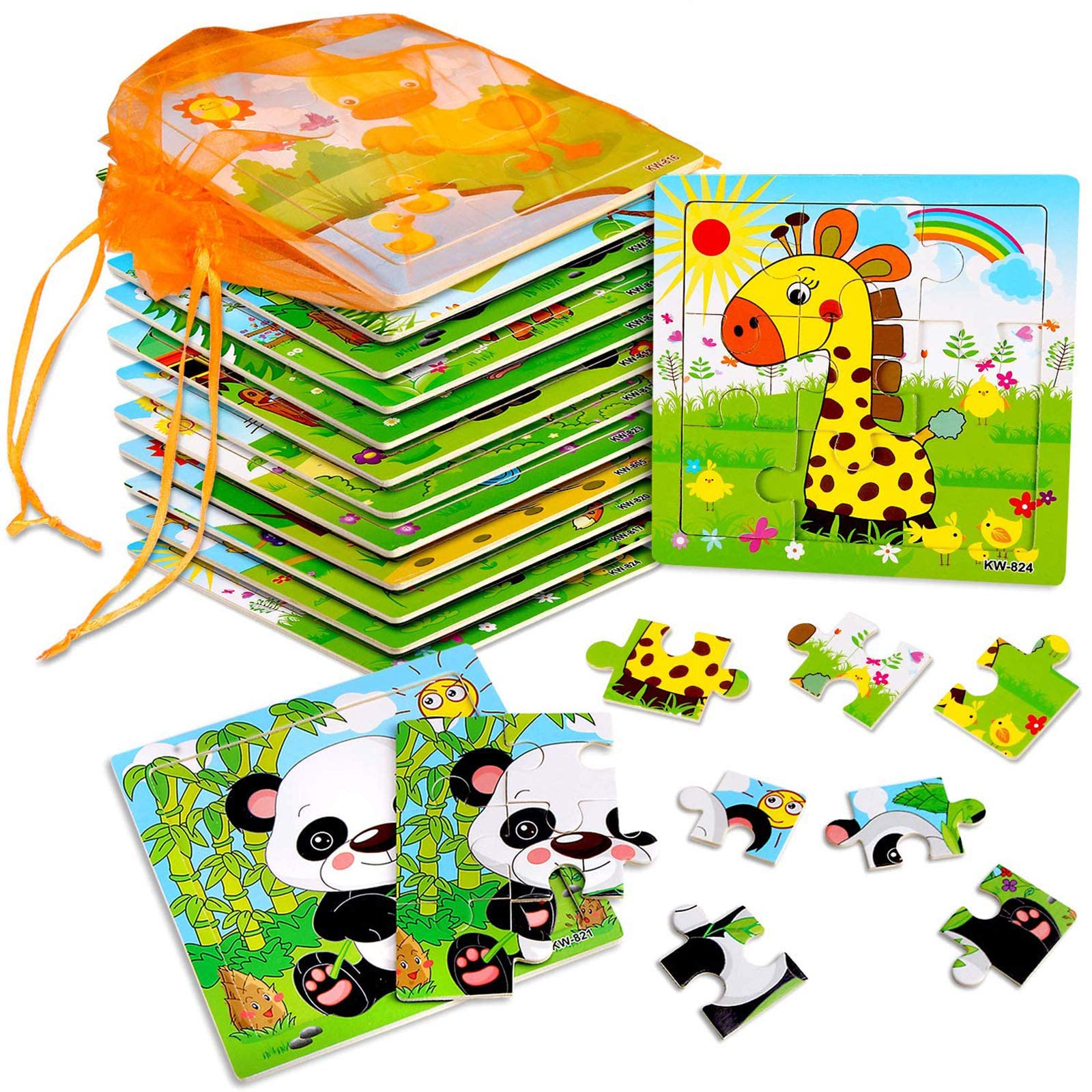 SANNIX 12 Pack Wooden Animal Puzzles for Toddlers - Educational Travel Toys for Kids Ages 2-5 | Preschool Learning & Gift Idea