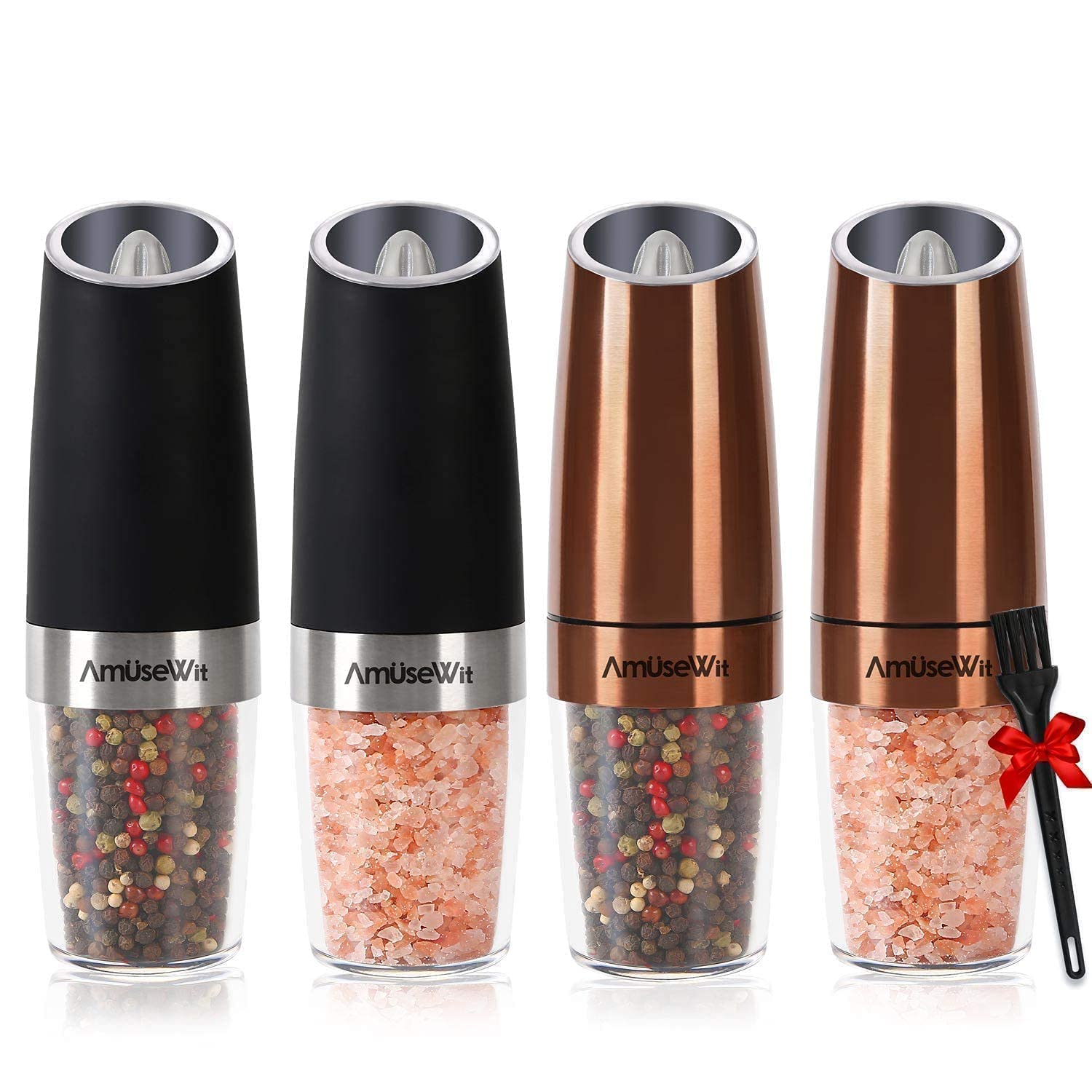 AmuseWit 4-Piece Electric Gravity Salt and Pepper Grinder Set - Battery Powered Automatic Mill with Adjustable Coarseness, One-Hand Operation, LED Light & Cleaning Brush - Perfect for Kitchen, Dining Table, Camping & Gifts