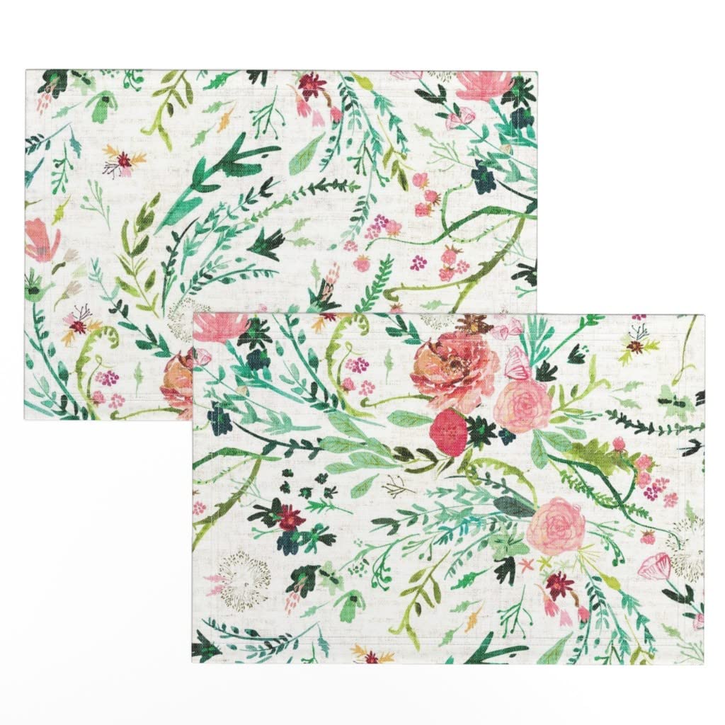 Spoonflower Linen Cotton Canvas Placemats Set of 2 - Fable Spring Floral White Flowers Printed Table Mats for Dining Room Decor, Kitchen Table Setting & Home Entertaining