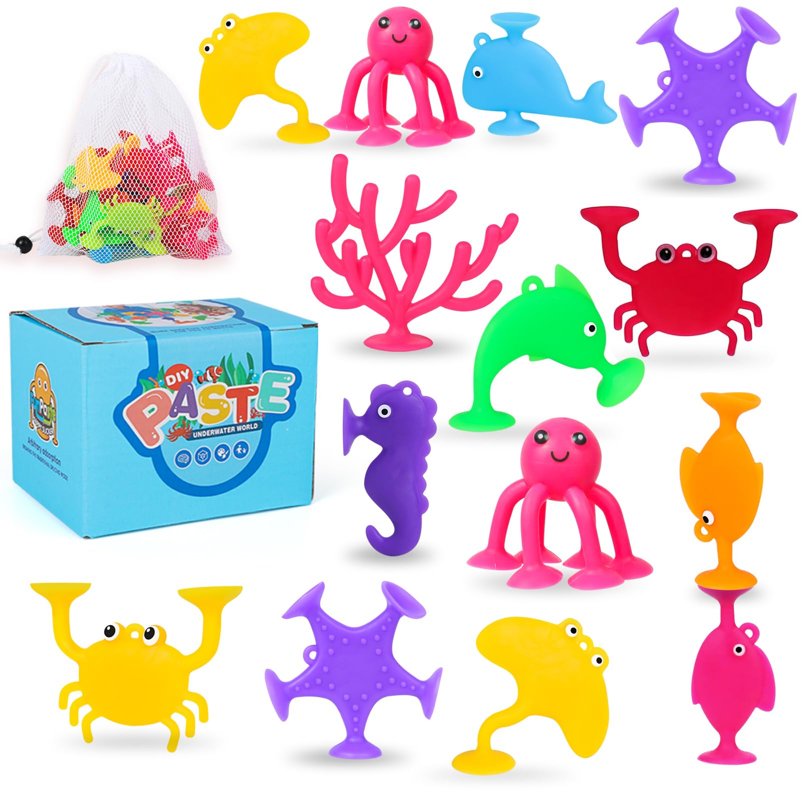 18-Piece Silicone Ocean Animal Suction Cup Toys for Kids Ages 3-8 | Bath, Sensory & Travel Toys for Toddlers Boys & Girls | Includes Mesh Storage Bag | Perfect for Easter Gifts, Window Play & Learning Activities