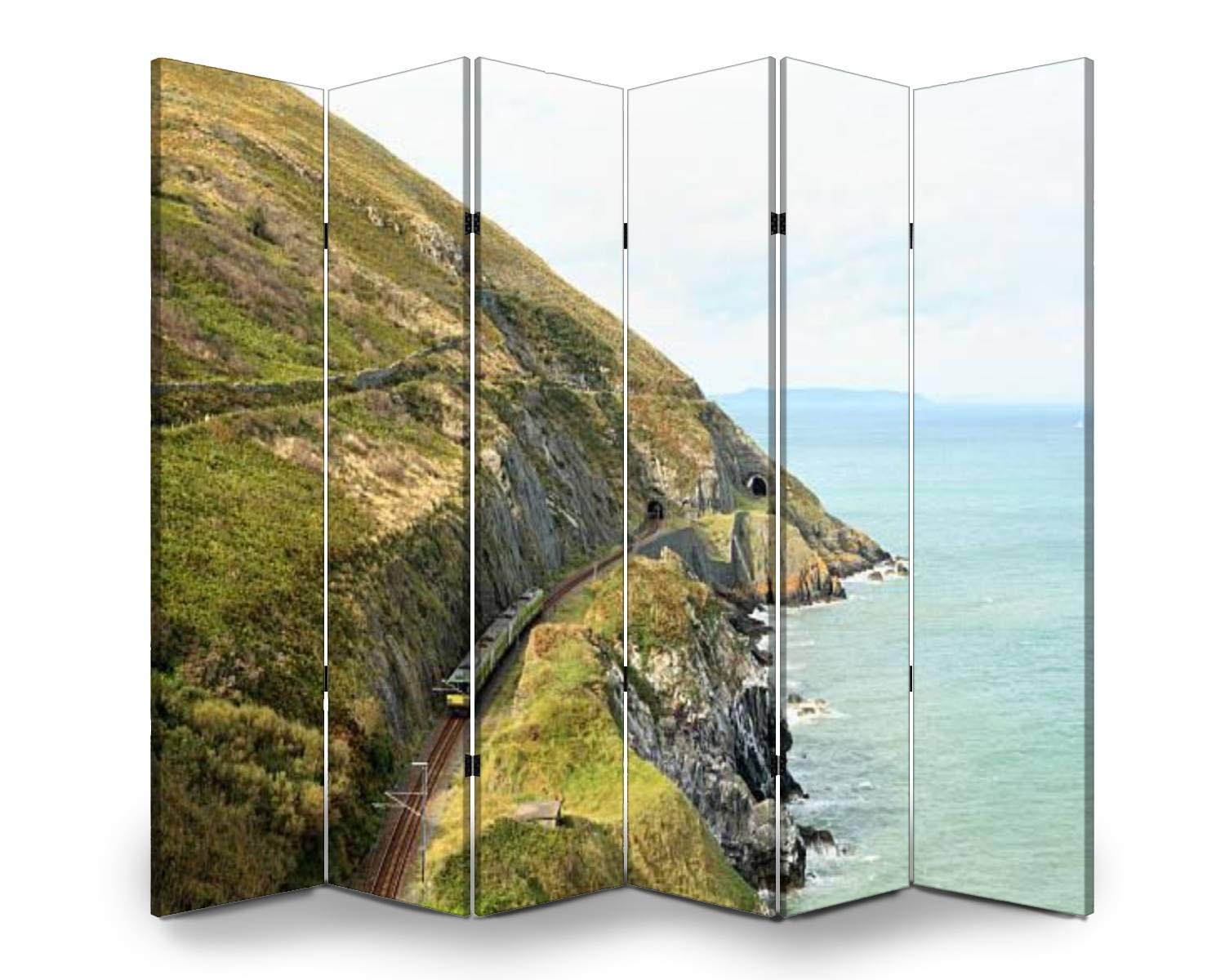 6-Panel Folding Room Divider Screen - Freestanding Privacy Partition for Indoor/Outdoor Use - Train-Themed Coastal Railway Wicklow Ireland Design - Perfect for Home Office, Nursery, Studio or Event Space Separation