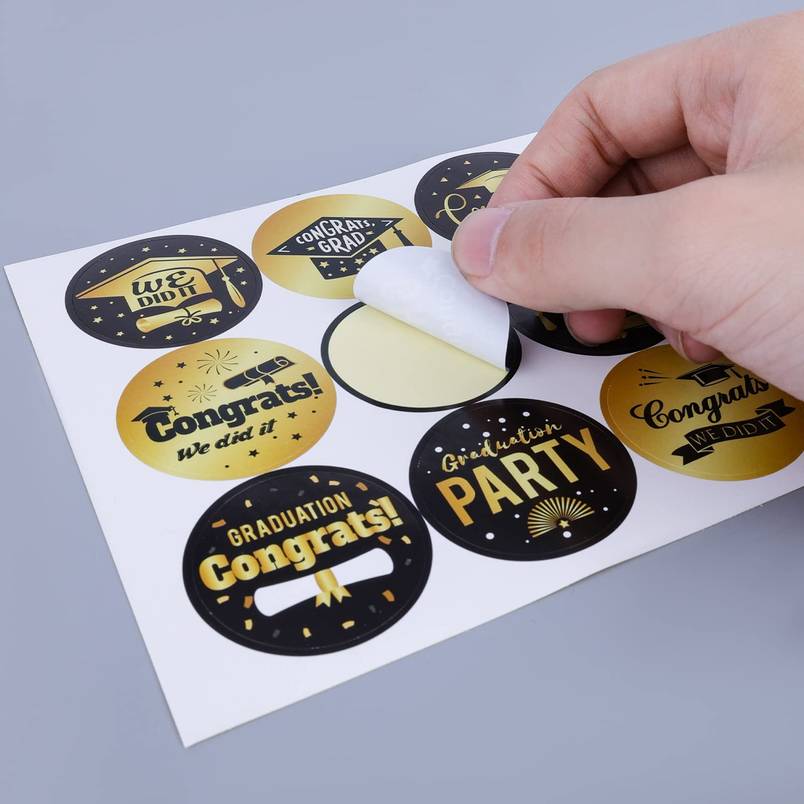 120pcs 1.5 Inch Graduation Round Stickers - 12 Black & Gold Design Patterns for Graduation Gifts, Envelopes, Bags & Party Decorations - Perfect for Graduation Celebrations, Class of 2023 Decor & Diploma Seals
