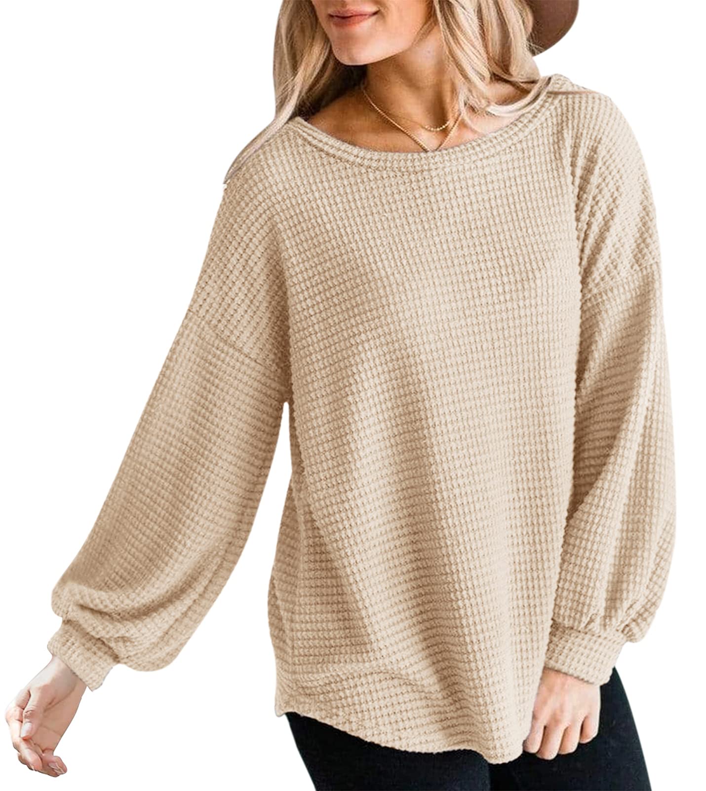 MEROKEETY Women's Long Sleeve Waffle Knit Sweater - Oversized Crew Neck Pullover Top with Balloon Sleeves | Casual Fall Winter Fashion, Cozy Loungewear & Office Outfit