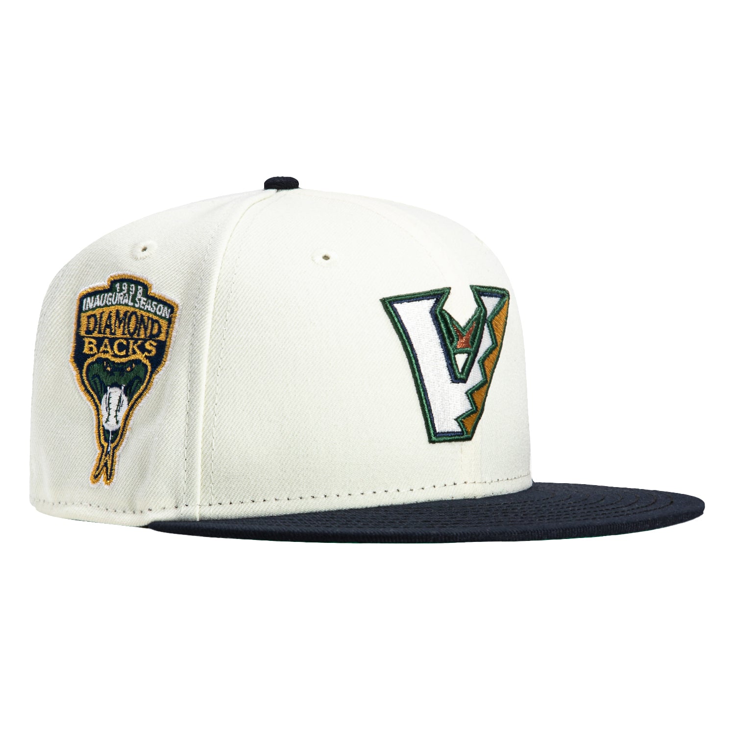 New Era 59Fifty Arizona Diamondbacks MLB Baseball Cap with Inaugural Patch - Upside Down A Design in White, Navy & Metallic Gold | Official Licensed Snapback Hat for Fans & Streetwear Fashion