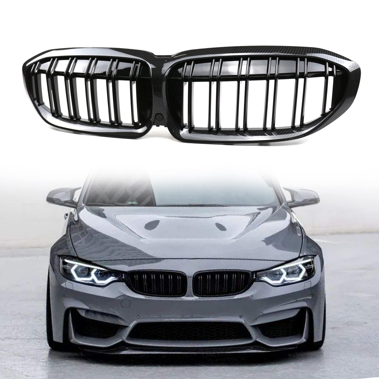 Carbon Fiber Front Kidney Grille Replacement for 2019-2022 BMW 3 Series G20/G21/G28 - Performance Style Double Slat Grill - Enhances Hood Appearance for Street & Show Cars