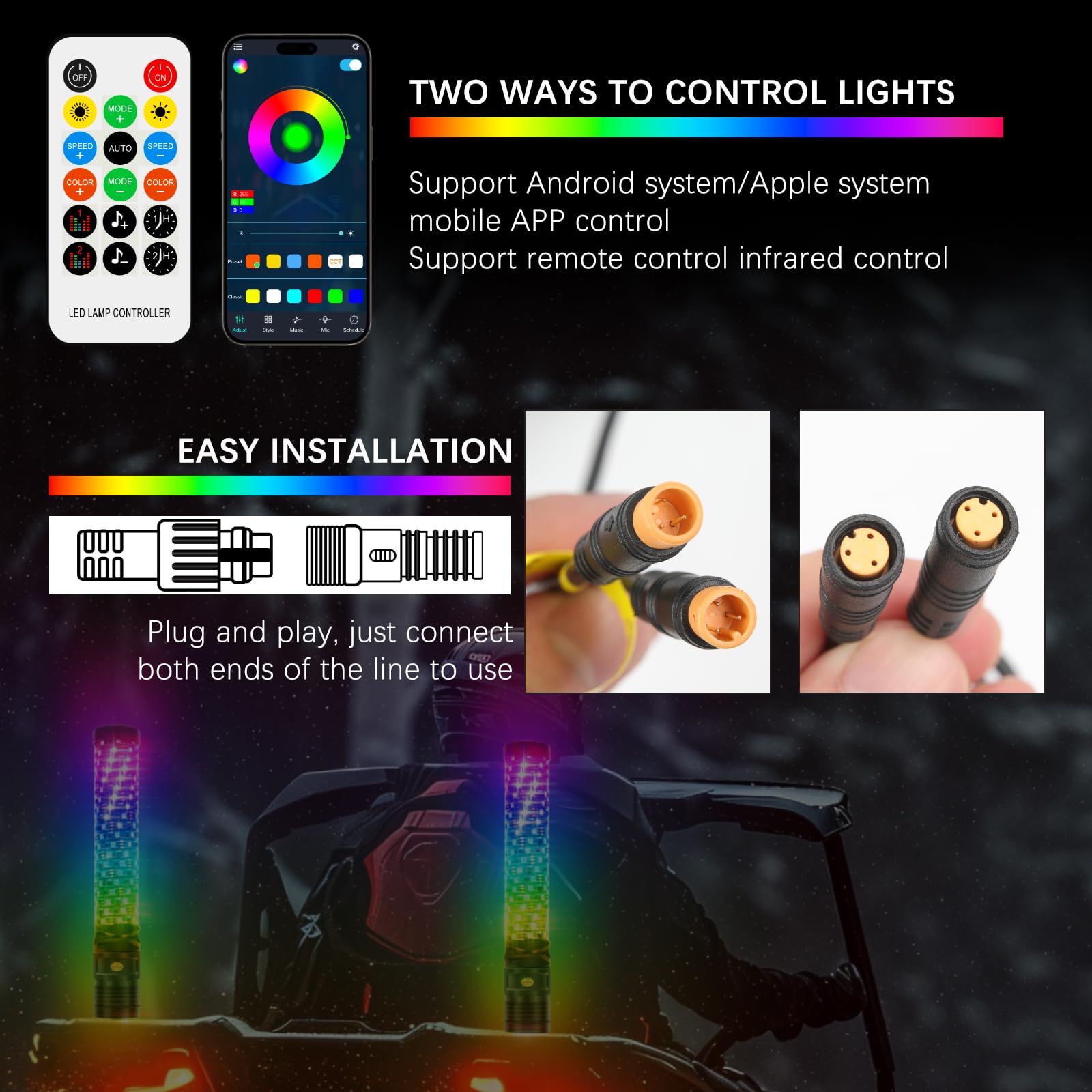 2Pcs 3FT Fat Spiral RGB LED Whip Lights for UTV ATV Truck with Wireless Remote & APP Control - Waterproof Off-Road Light Bars for Polaris RZR, Can-Am, Dune Buggy - Perfect for Night Riding, Camping & Off-Road Adventures