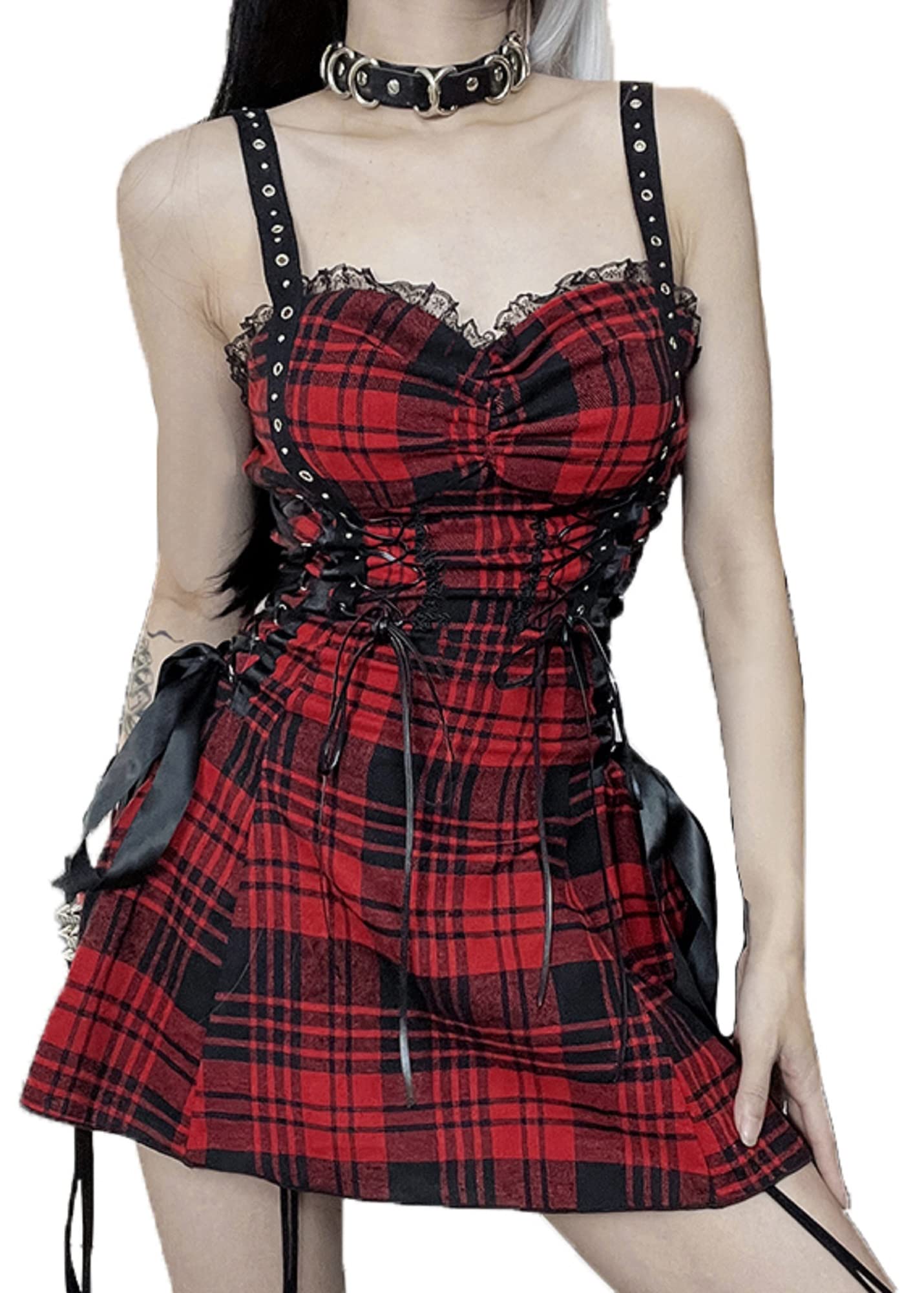 Halloween Gothic Red Plaid One Shoulder Prom Dress with Eyelet Lace - Sexy Strapless Slip Dress for Costume Party & Cosplay