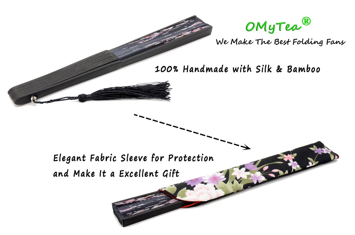 OMyTea Handmade Silk Folding Fan with Bamboo Frame - Vintage Chinese/Japanese Style Handheld Fan for Women - Gift Ready with Protective Fabric Sleeve - Perfect for Weddings, Cosplay & Summer Cooling (Black)
