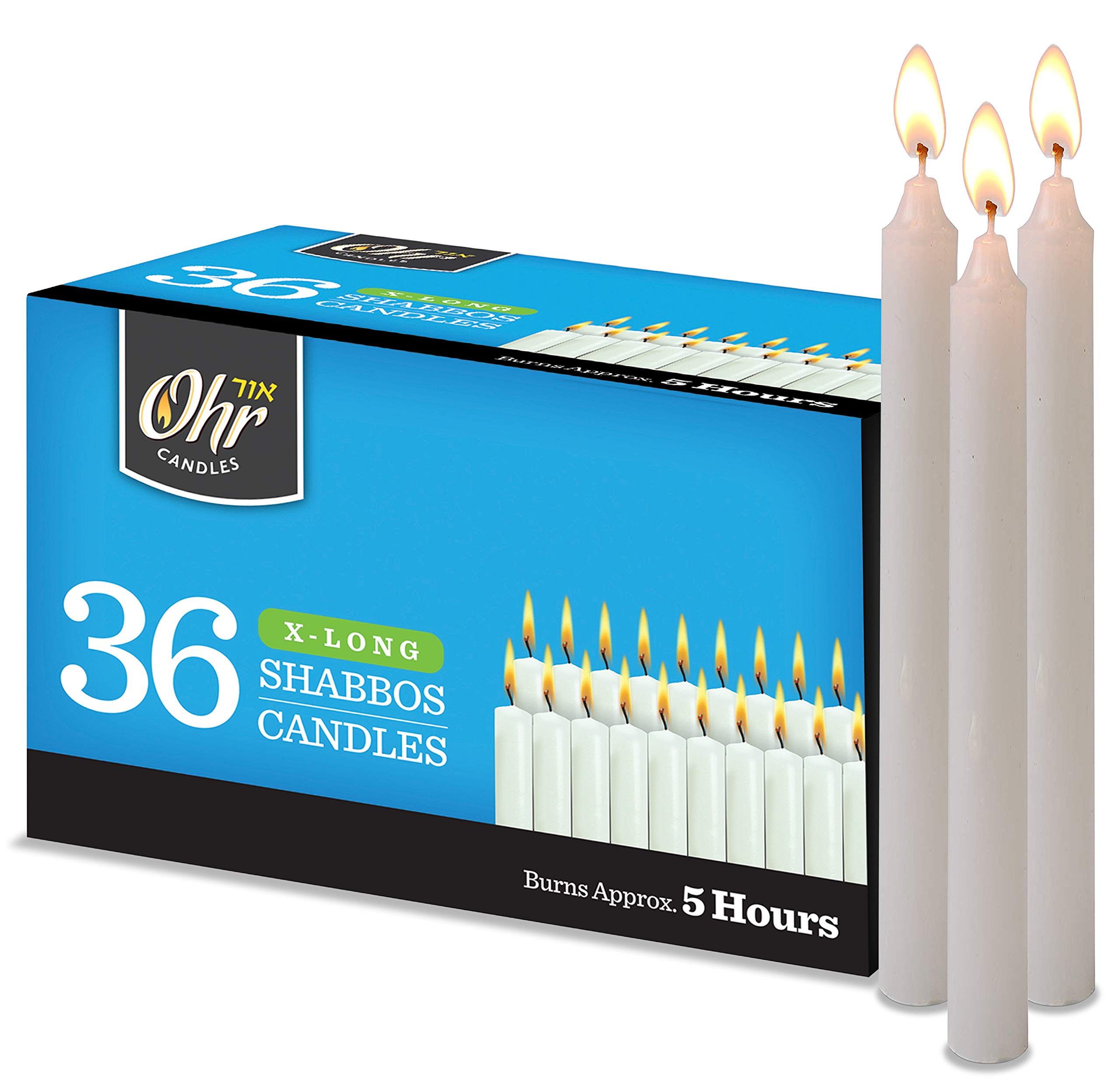 Shabbos Candles Extra Long - 5-Hour Burn, 36-Pack White Tapers for Shabbat & Dinner
