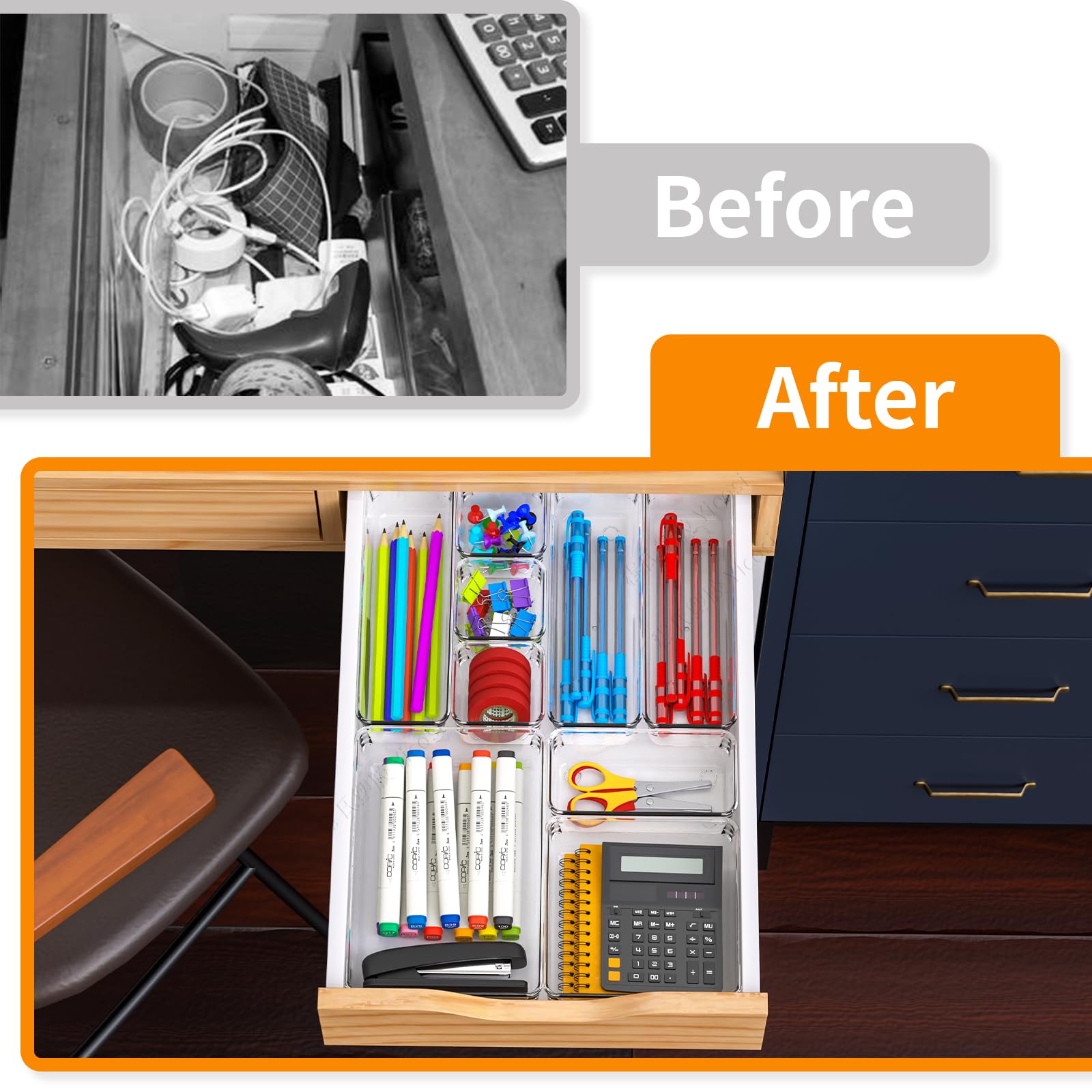 Yieach 13-Piece Clear Drawer Organizer Set - 5 Sizes for Desk, Bathroom & Kitchen Storage | Perfect for Makeup, Jewelry, Gadgets & Office Supplies | Ideal for Bedroom, Bathroom & Office Organization
