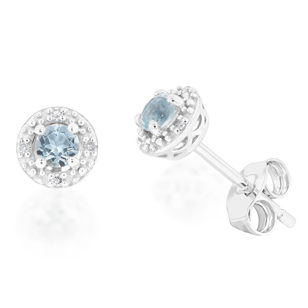 9ct White Gold Aquamarine and Diamond Halo Stud Earrings | Elegant Birthstone Jewelry for Women | Perfect for Weddings, Anniversaries & Special Occasions