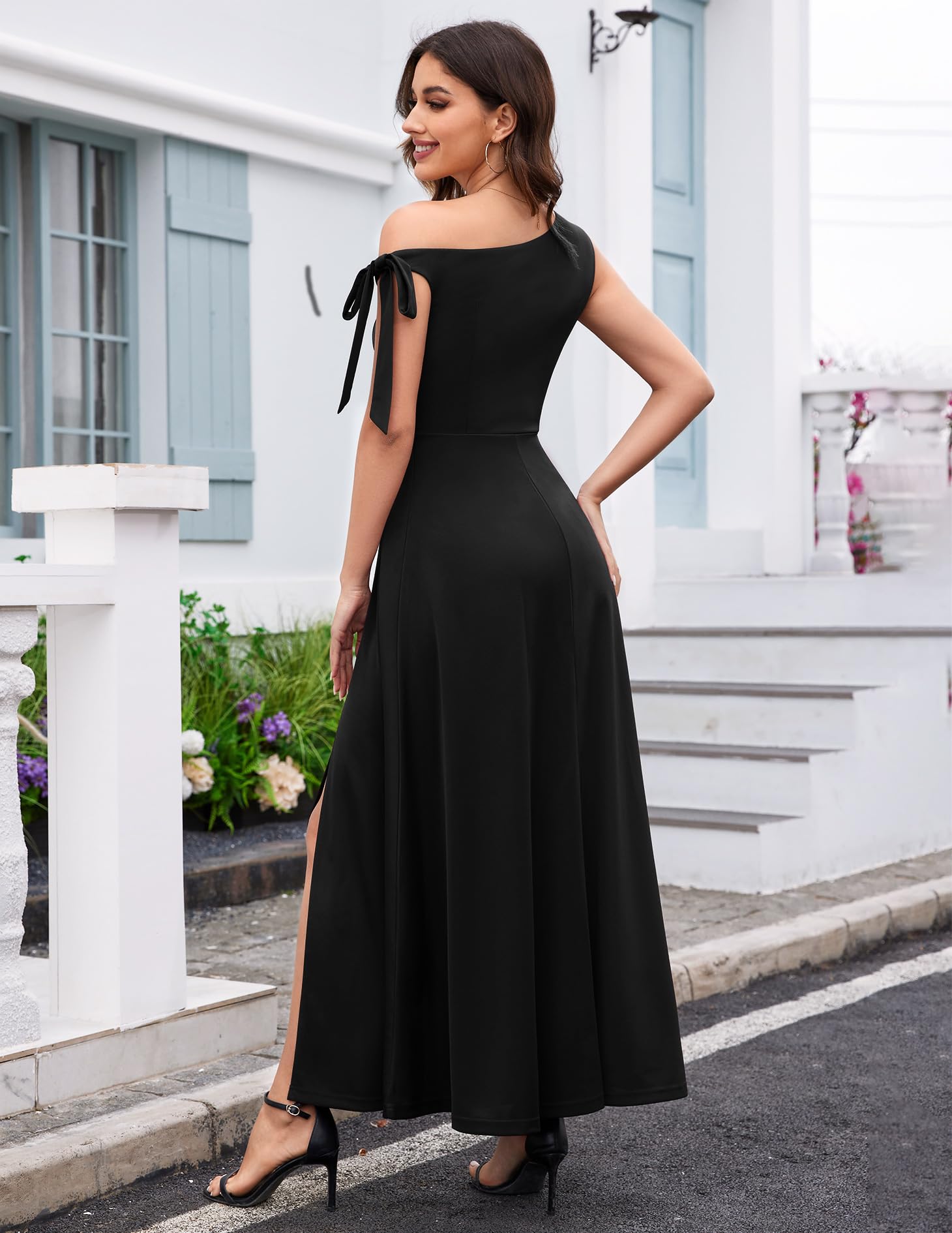 BeryLove Women's Elegant One Shoulder Tie Strap Formal Wedding Guest Dress - Split Maxi Cocktail Gown for Bridal Shower, Evening Party & Special Occasions